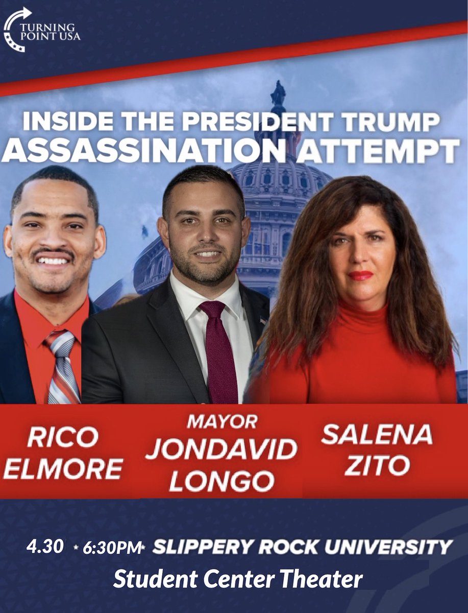 We are thrilled to announce that TPUSA @ SRU will be hosting Inside the Trump Assassination Attempt Panel feature Mayor <a href="/JondavidRLongo/">Mayor Jondavid “JD” Longo</a>, <a href="/ElmoreInAction/">Rico Elmore</a>, and <a href="/ZitoSalena/">ZitoSalena</a> on April 30th in the SSC theatre! Tickets are now available through SRU Ticketing and the link is in our bio!