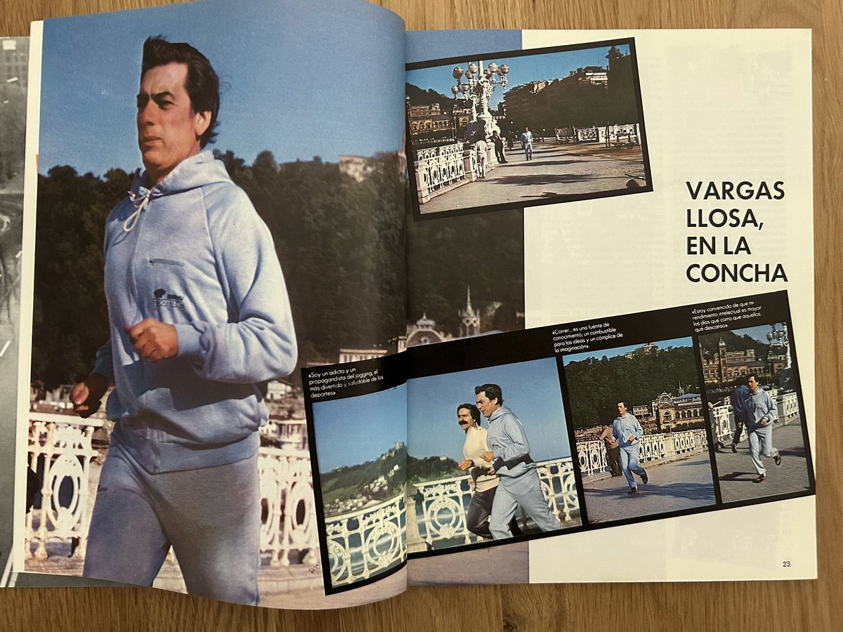 Mario Vargas Llosa, Miguel de la Quadra Salcedo y Bernardino Lombao entrenando juntos en la playa de la Concha en 1982 ❤️ (📷 número 3 de la revista Jogging que editó el propio Quadra-Salcedo y que dirigió Lombao)