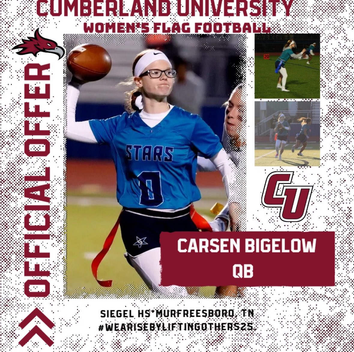 Our girl just got an offer to play college flag football at Cumberland University!

Proud doesn’t even begin to cover it.
#GirlsInSports #QB1