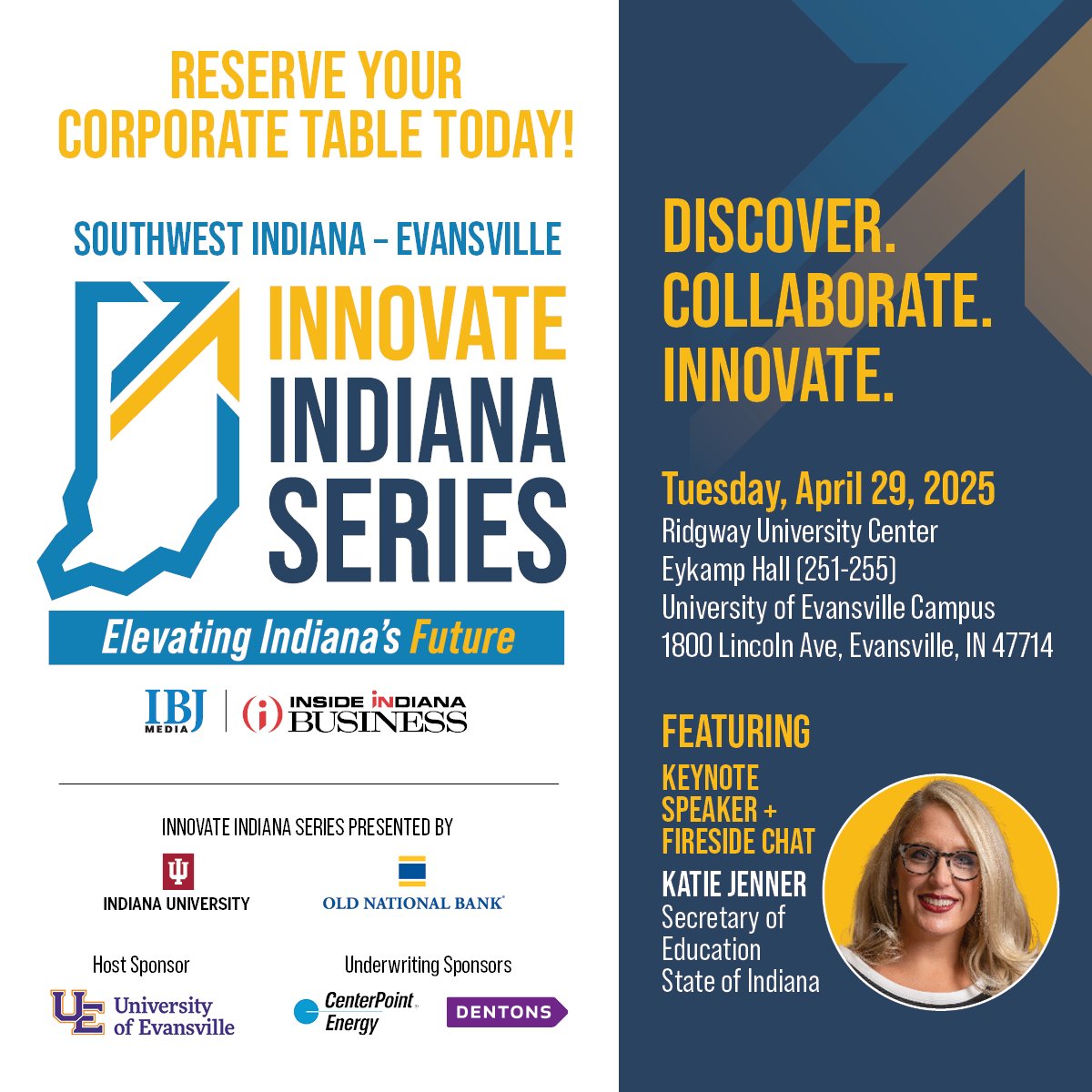 Evansville leaders - don’t miss your front-row seat to the future of Southwest Indiana. Join us for Innovate Southwest Indiana – Evansville on April 29 at University of Evansville!

Corporate tables available – reserve by April 22 at insideindianabusiness.com/events/2025/in…!