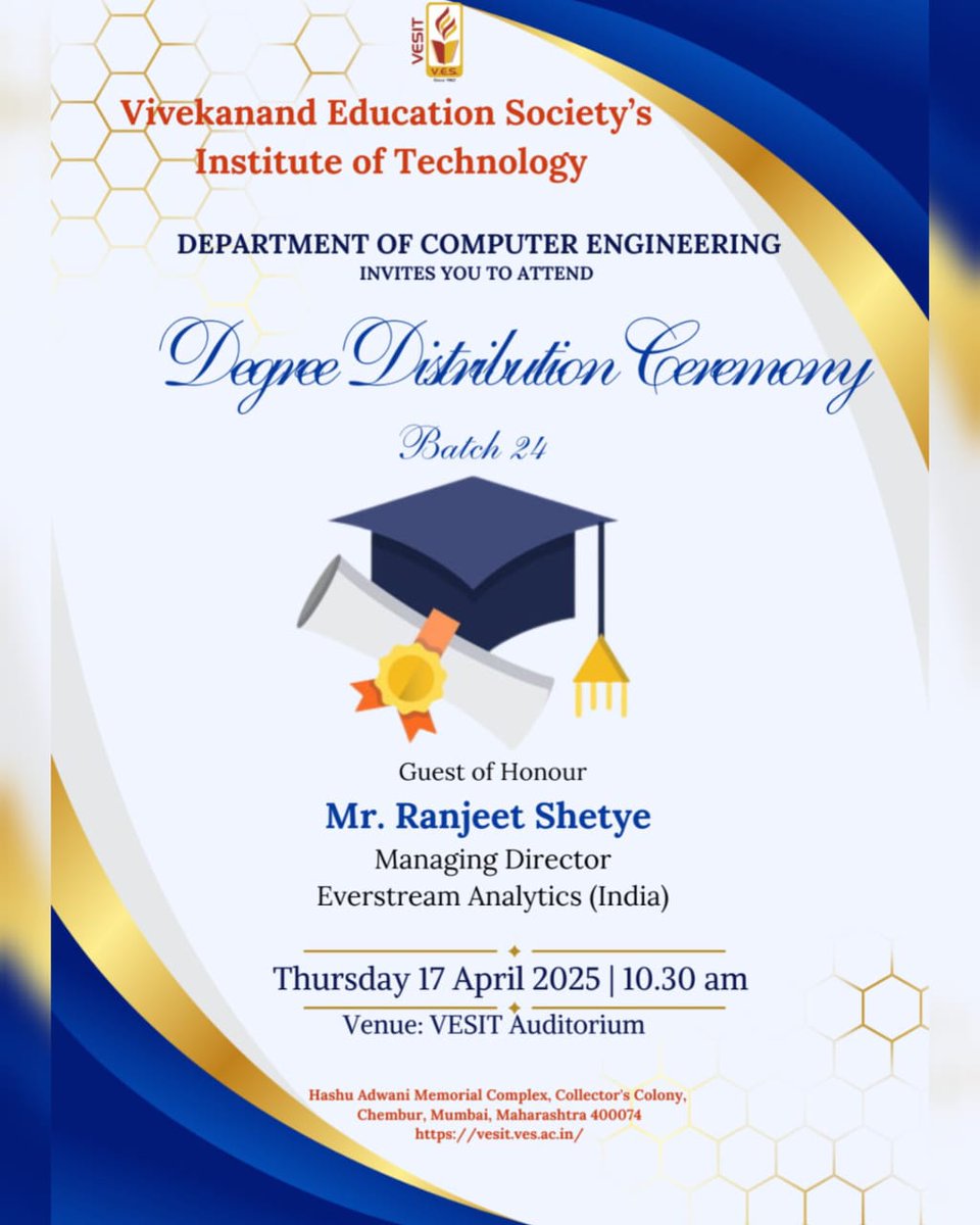 vesitedu's tweet image. Convocation Ceremony Alert!
The Department of Computer Engineering is proud to host the Degree Distribution Ceremony for the graduating Batch 24!
Date: 17th April 2025
Time: 10:30 AM
Venue: Auditorium
#ProudMoment #GraduationDay #ComputerEngineering #VESFamily