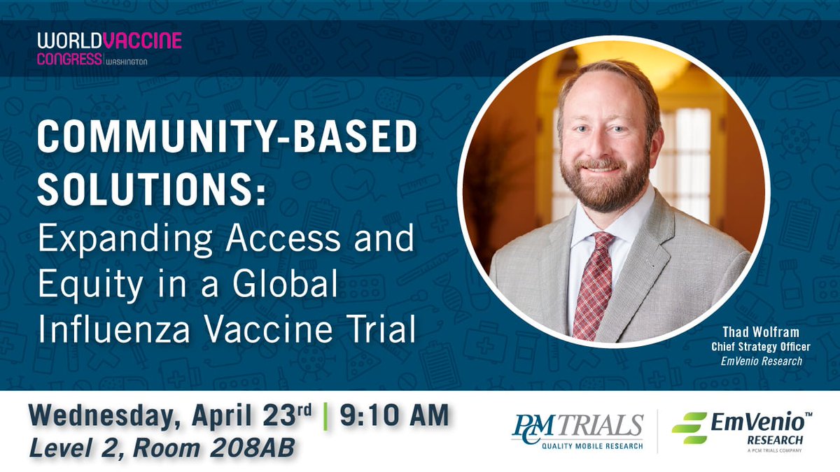 EmVenio Research (@emvenioresearch) on Twitter photo Thad Wolfram to present on Community-Based Solutions: Expanding Access and Equity in a Global Influenza Vaccine Trial.
Discover innovative solutions such as mobile visits and community research sites to enhance vaccine accessibility.
📆 April 23 at 9:10 am.
<a href="/vaccinenation/">World Vaccine Congress</a> Thad Wolfram to present on Community-Based Solutions: Expanding Access and Equity in a Global Influenza Vaccine Trial.
Discover innovative solutions such as mobile visits and community research sites to enhance vaccine accessibility.
📆 April 23 at 9:10 am.
<a href="/vaccinenation/">World Vaccine Congress</a>