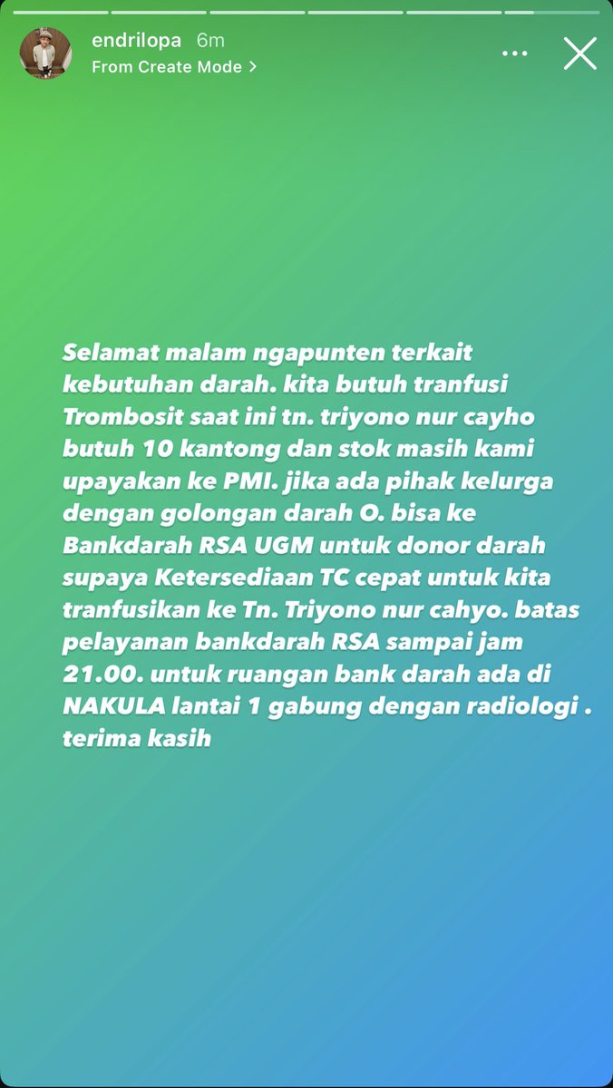 Selamat malam teman-teman. Minta bantuannya untuk teman-teman dengan golongan darah O dan berkenan, bisa mendonorkan darahnya untuk keperluan oprasi pasien. Terimakasih 🙏

Atau setidaknya mohon bantuannya untuk share agar bisa terbantu
