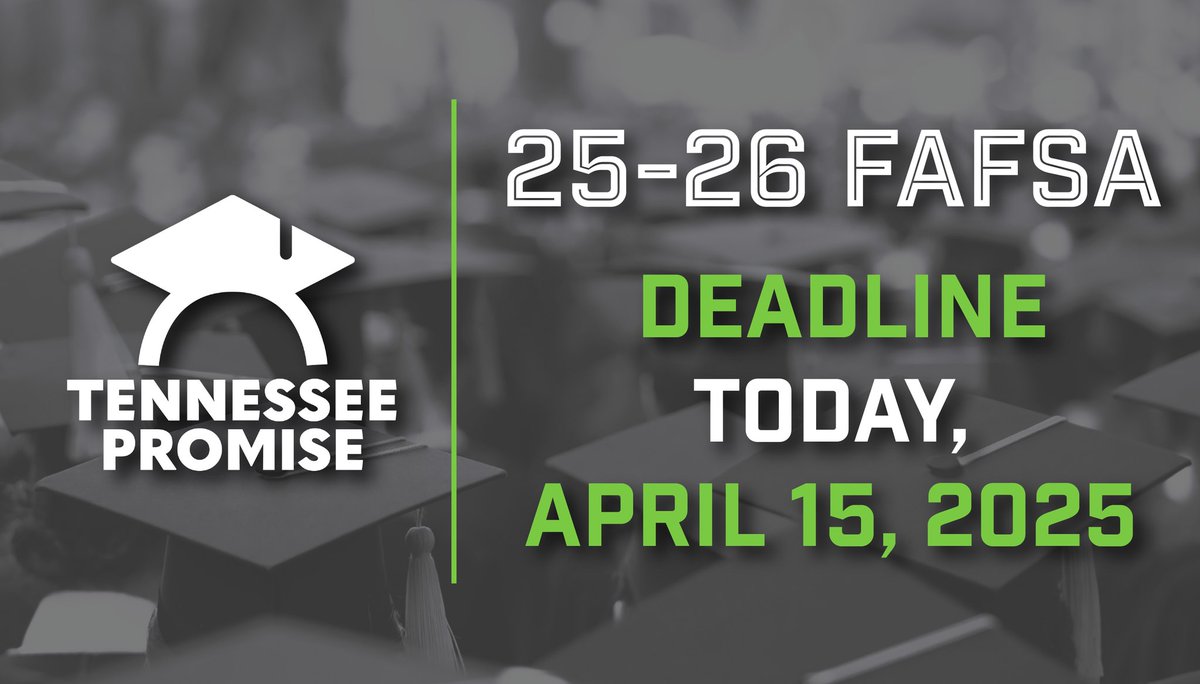 🚨 TN Promise students, TODAY is the FINAL day to submit your FAFSA! 🚨

In order to remain eligible for the TN Promise scholarship your 2025-2026 FAFSA must be submitted by 11:59 PM TONIGHT!

🔗Studentaid.gov
DEADLINE: April 15, 2025 by 11:59 PM