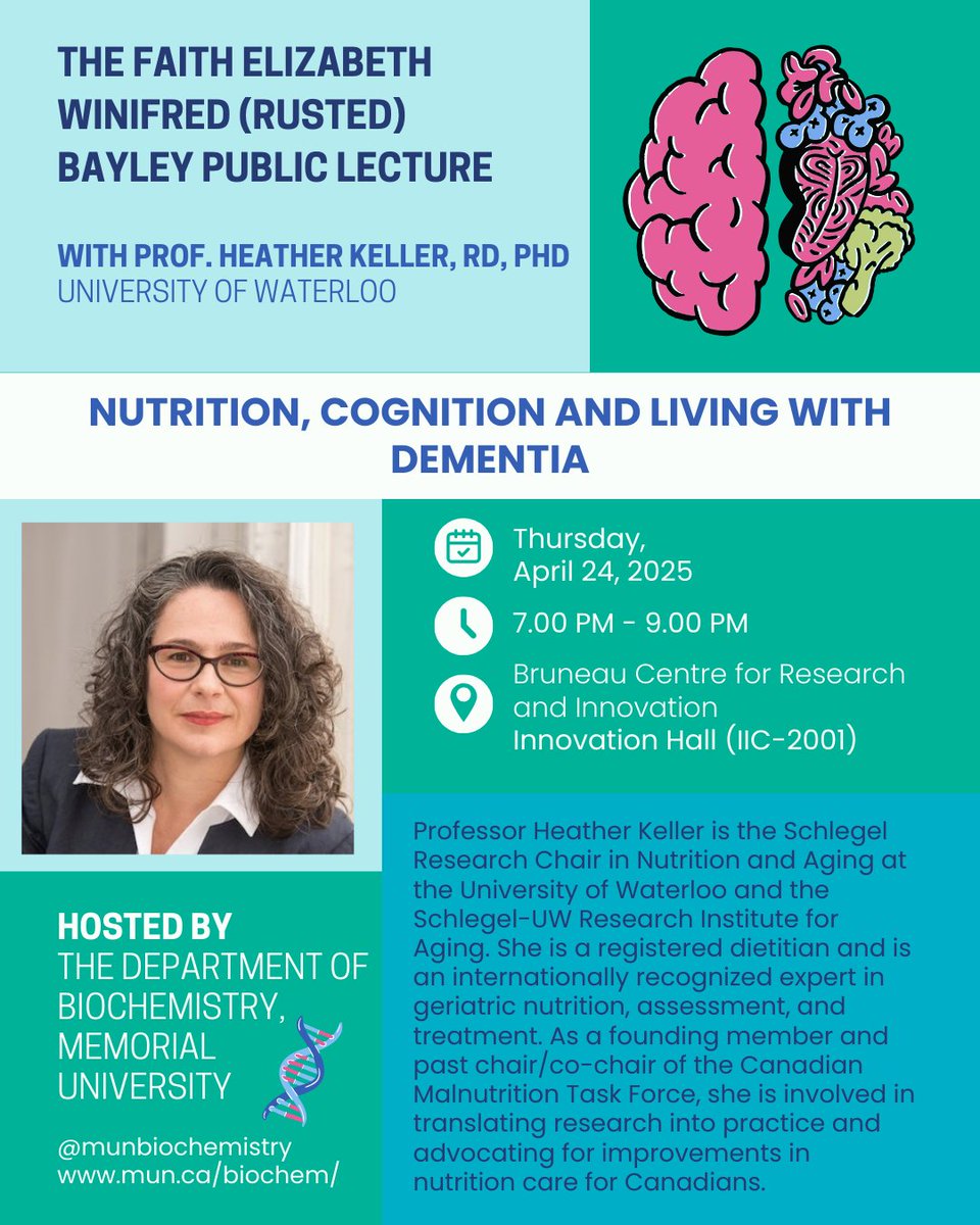 Faculty of Science, Memorial University (@memorialusci) on Twitter photo The Faith Elizabeth Winifred (Rusted) Bayley Nutrition Lecture, hosted by <a href="/MunBiochemistry/">Memorial University Biochemistry</a>, is coming up on April 24!
This year, we welcome Prof. Heather Keller, whose lecture is titled Nutrition, Cognition and Living with Dementia.
Learn more here: gazette.mun.ca/research/livin… The Faith Elizabeth Winifred (Rusted) Bayley Nutrition Lecture, hosted by <a href="/MunBiochemistry/">Memorial University Biochemistry</a>, is coming up on April 24!
This year, we welcome Prof. Heather Keller, whose lecture is titled Nutrition, Cognition and Living with Dementia.
Learn more here: gazette.mun.ca/research/livin…