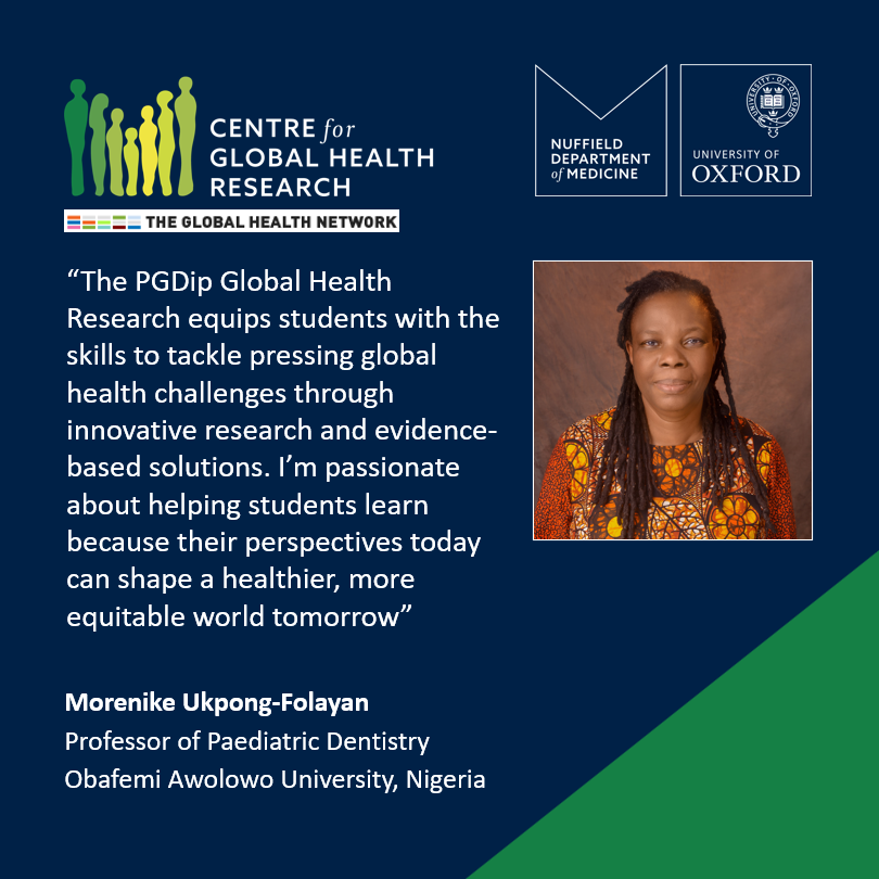 CGHRinfo's tweet photo. 📣 Hear from our course tutor of the #PGDip in #GlobalHealthResearch, @info_TGHN Professor Morenike Ukpong

‼️Enhance your Global Health Research career at Oxford @UniofOxford!

For more details visit 👉https://t.co/vgFY7Rd1pe
Apply here 👉 https://t.co/Ea9dqq8I4I https://t.co/ZgNtIbbTfY