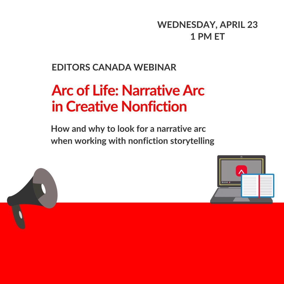 Whereas fiction authors create a compelling narrative arc for their stories, creative nonfiction authors must find the arc. In our Apr. 23 webinar with Lynne Melcombe, learn why having a narrative arc matters and how to locate it in #nonfiction: webinars.editors.ca/upcoming_webin…  
#Editing