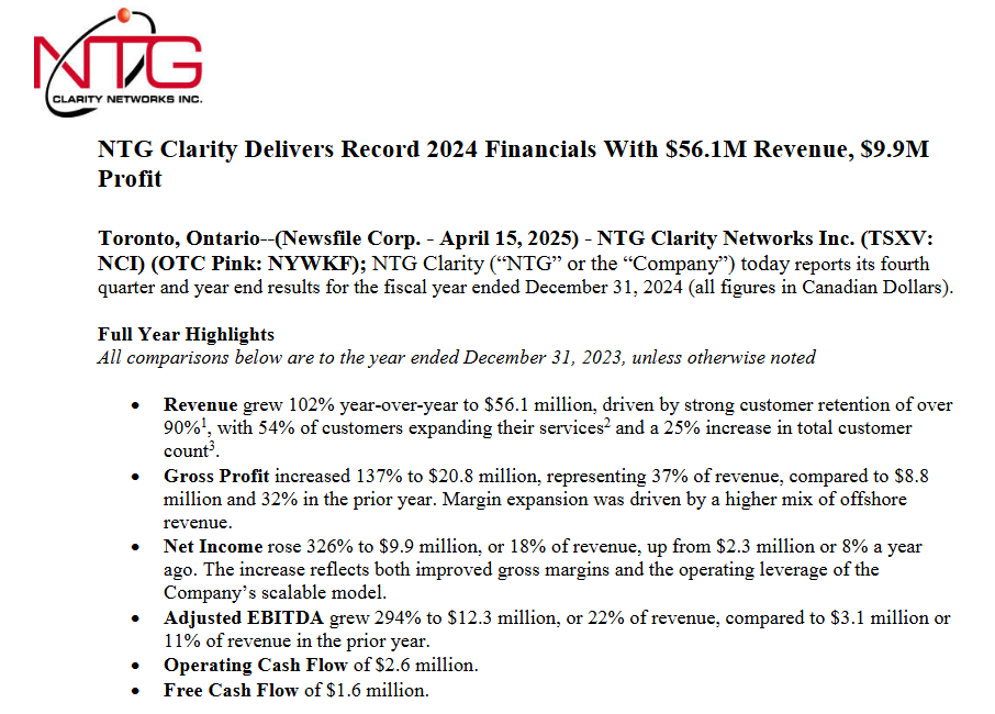 everyonehatesp1's tweet photo. $NCI.V out with stellar Q4 2024 results:
_Revenue $17.2M, +109% YoY
_Adj. EBITDA $4.3M, 25% margin
_EPS $0.07
_Backlog in excess of $105M

I am pleasantly surprised and I suppose wrong on Q4, to me this was going to come in with 5-10% EBITDA margins as significant training costs were needed to ramp for the new contracts, and based on the 2024 implied guide, but I guess management is adopting an under-promise and over-deliver approach which is great to see. 

Would be surprised if 25% margin was sustainable, but definitely shows the 2025 guide at 16-20% margin is conservative. 

The outlook commentary is very bullish, and management clarified that the reason the 2025 margin guide seems low, is because they might have to invest in their business if they get a meaningful amount of new work, so they're leaving their options open.   

Stock is 8x LTM diluted EPS, guiding to 35% revenue growth in 2025, and still early days for the Saudi 2030 investment cycle. 

Will do a full post after the call tomorrow.