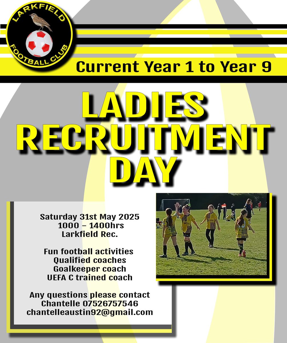 LarkfieldFC (@larkfieldfc) on Twitter photo ๐ท๐ณ๐จ๐๐ฌ๐น๐บ ๐พ๐จ๐ต๐ป๐ฌ๐ซ!
Our U13 Ladies Utd for 25/26 season (current U12) are looking for players to complete their squad for the upcoming new season as they become 11 a side.
Current School Year 6 or 7.
Interested? please contact Chantelle for a chat with you ๐กโซ๏ธ ๐ท๐ณ๐จ๐๐ฌ๐น๐บ ๐พ๐จ๐ต๐ป๐ฌ๐ซ!
Our U13 Ladies Utd for 25/26 season (current U12) are looking for players to complete their squad for the upcoming new season as they become 11 a side.
Current School Year 6 or 7.
Interested? please contact Chantelle for a chat with you ๐กโซ๏ธ