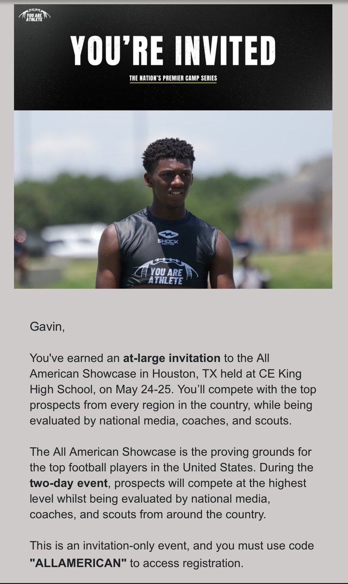 Honored to receive an invite to the <a href="/youareathlete/">You Are Athlete</a> All-American Camp! @PRZPAvic <a href="/PAPrepsRivals/">PA Preps</a> <a href="/HennigarFundInc/">Ryan Nase</a>