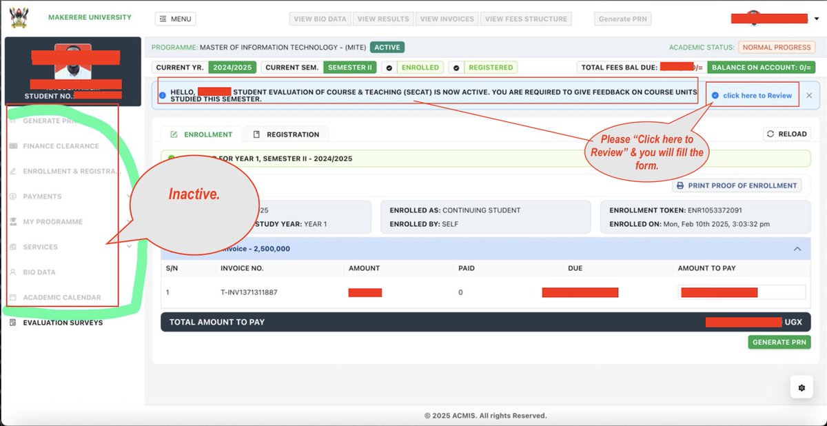 DICTSMakerere's tweet photo. ⚠️#PortalAlert SECAT Evaluation

Dear @Makerere  students,

You might be wondering why certain sections of your portal is inactive. There is a message for you to do student evaluation of course &amp; teaching. 

Once 📢feedback on course units is received. Your portal will be active. https://t.co/xphm5Q3wdh