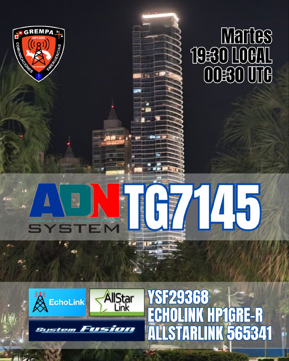 Martes de radio cadena por <a href="/ADNSPanama/">ADN Systems Panamá</a> TG7145-YSF29368 <a href="/EchoLink/">EchoLink</a> HP1GRE-R ALLSTARLINK 565341 a las 00:30 UTC 19:30 Hr Local <a href="/MinGobPma/">Ministerio de Gobierno de Panamá</a> <a href="/arrl/">ARRL</a> <a href="/IARU_R2/">IARU Region 2</a> <a href="/IARU_R1/">IARU Region 1</a> <a href="/RCDECHILE/">Radio Club de Chile</a> <a href="/NetDigitalVzla/">Net Digital VENEZUELA</a> <a href="/LU4AA/">Radio Club Argentino</a> <a href="/RadioClubPE/">Radio Club Peruano</a> <a href="/RadioaficionPTY/">RadioaficionPTY</a> <a href="/ure_es/">Unión de Radioaficionados Españoles</a> <a href="/GREMElSalvador/">GREMSAL / YS1GRE</a> <a href="/GREMNicaragua/">GREMNIC / YN1GRE</a> <a href="/xe2xeh/">Fabián XE2XEH</a> <a href="/dxzone/">The DXZone Ham Radio</a>