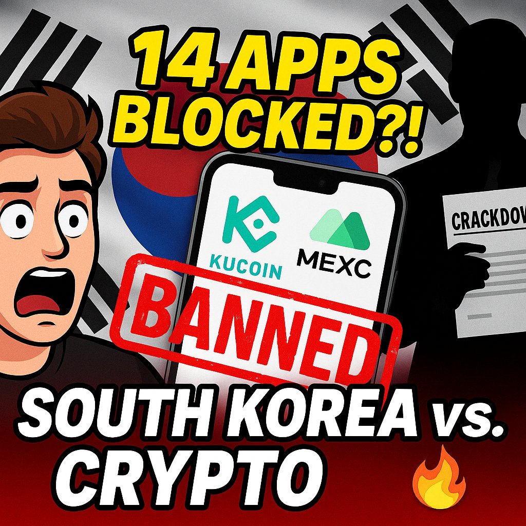 Cryptoxinsight's tweet photo. 🚨 BREAKING: South Korea is blocking @kucoincom , @MEXC_Official &amp; 14+ crypto apps!

@Apple &amp; @Google forced to shut down access as regulators crack down HARD on unregistered platforms.

Here’s what it means for global crypto 👇
Read now: https://t.co/XQyiLGaArF https://t.co/YjMR857TN8