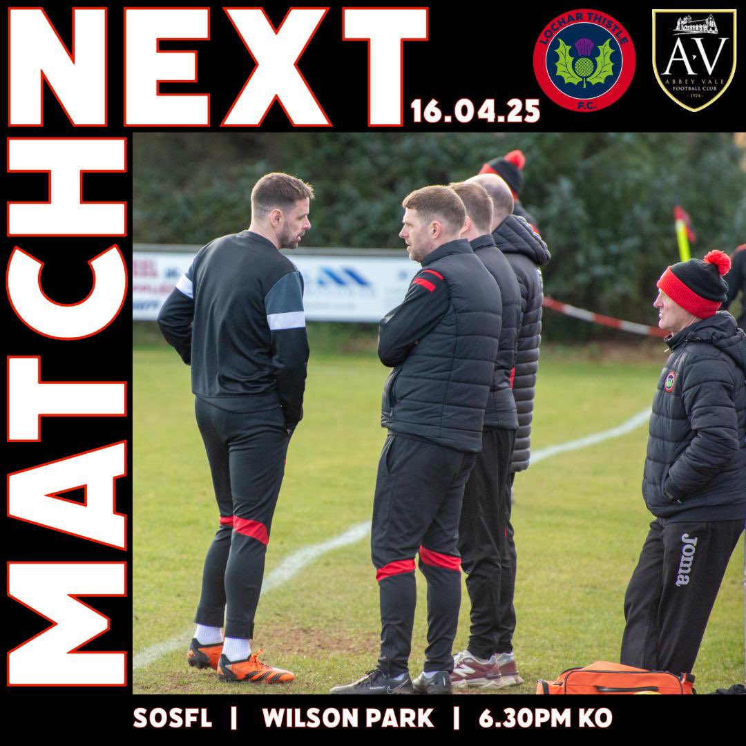 Lochar Thistle FC (@locharthistlefc) on Twitter photo πNext
<a href="/abbeyvalefc/">Abbey Vale</a> are the visitors to Wilson Park tomorrow night as we look to continue our title challenge.
Kick off 6.30pm
π΄βͺοΈβ«οΈ πNext
<a href="/abbeyvalefc/">Abbey Vale</a> are the visitors to Wilson Park tomorrow night as we look to continue our title challenge.
Kick off 6.30pm
π΄βͺοΈβ«οΈ