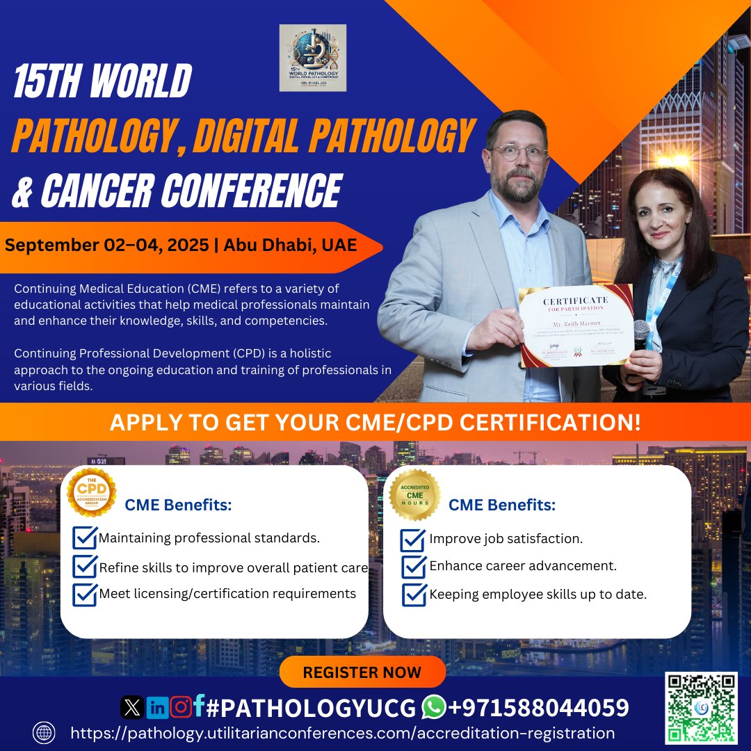 Gaur Priya (@epucgcongress) on Twitter photo APPLY TO GET YOUR CME/CPD CERTIFICATION!
15th World Pathology, Digital Pathology & Cancer Conference, from Dec 17-19, 2024, in Abu Dhabi, UAE & Virtual
pathology.utilitarianconferences.com/accreditation-…
wa.me/+971588044059
#PathologyUCG #ProfessionalDevelopment #MedicalTraining #PhysicianEducation APPLY TO GET YOUR CME/CPD CERTIFICATION!
15th World Pathology, Digital Pathology & Cancer Conference, from Dec 17-19, 2024, in Abu Dhabi, UAE & Virtual
pathology.utilitarianconferences.com/accreditation-…
wa.me/+971588044059
#PathologyUCG #ProfessionalDevelopment #MedicalTraining #PhysicianEducation
