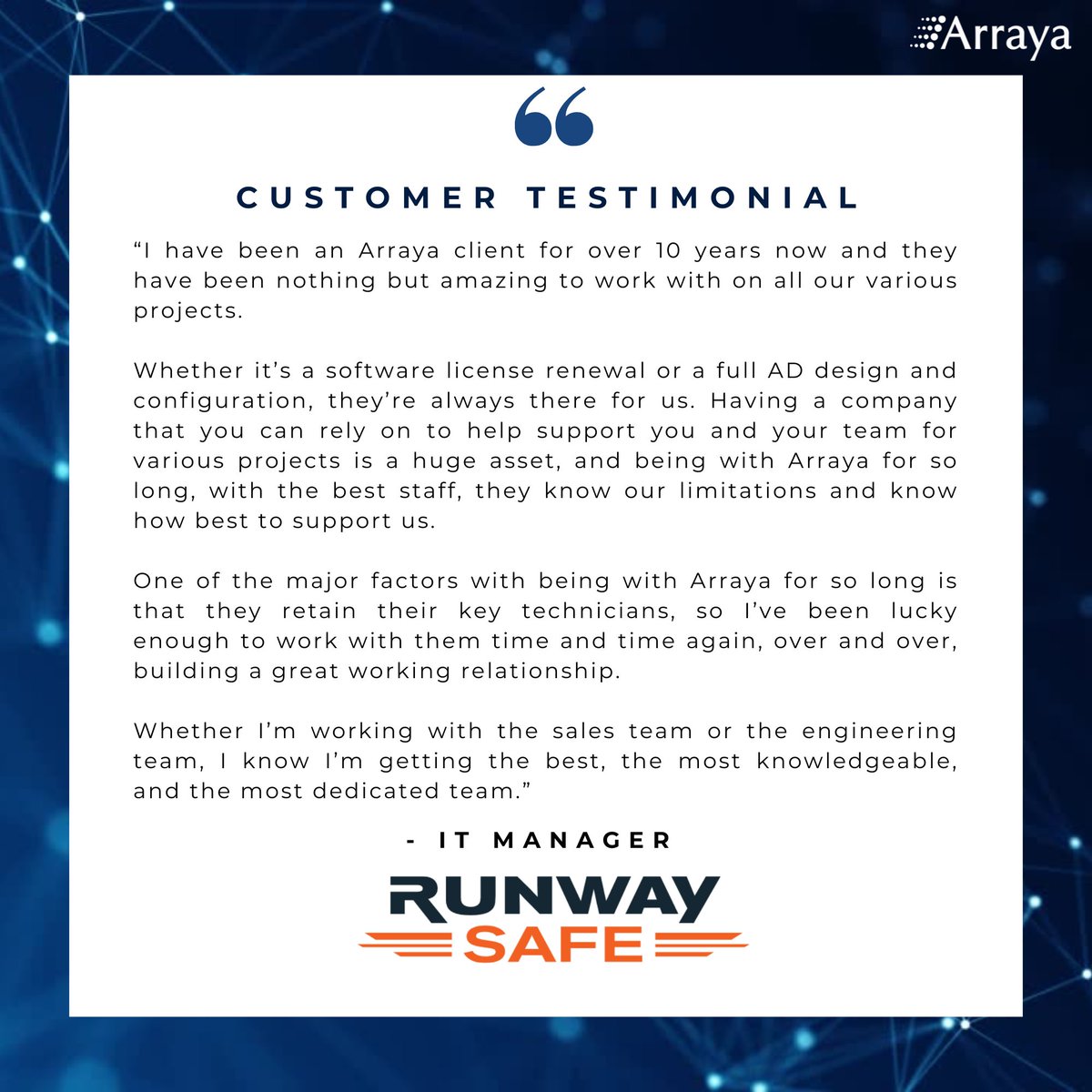 ArrayaSolutions's tweet image. "They've been nothing but amazing to work with."
This is the kind of partnership we strive for every day.
#ArrayaSolutions #CustomerSuccess #TechPartners #WhiteGloveService
