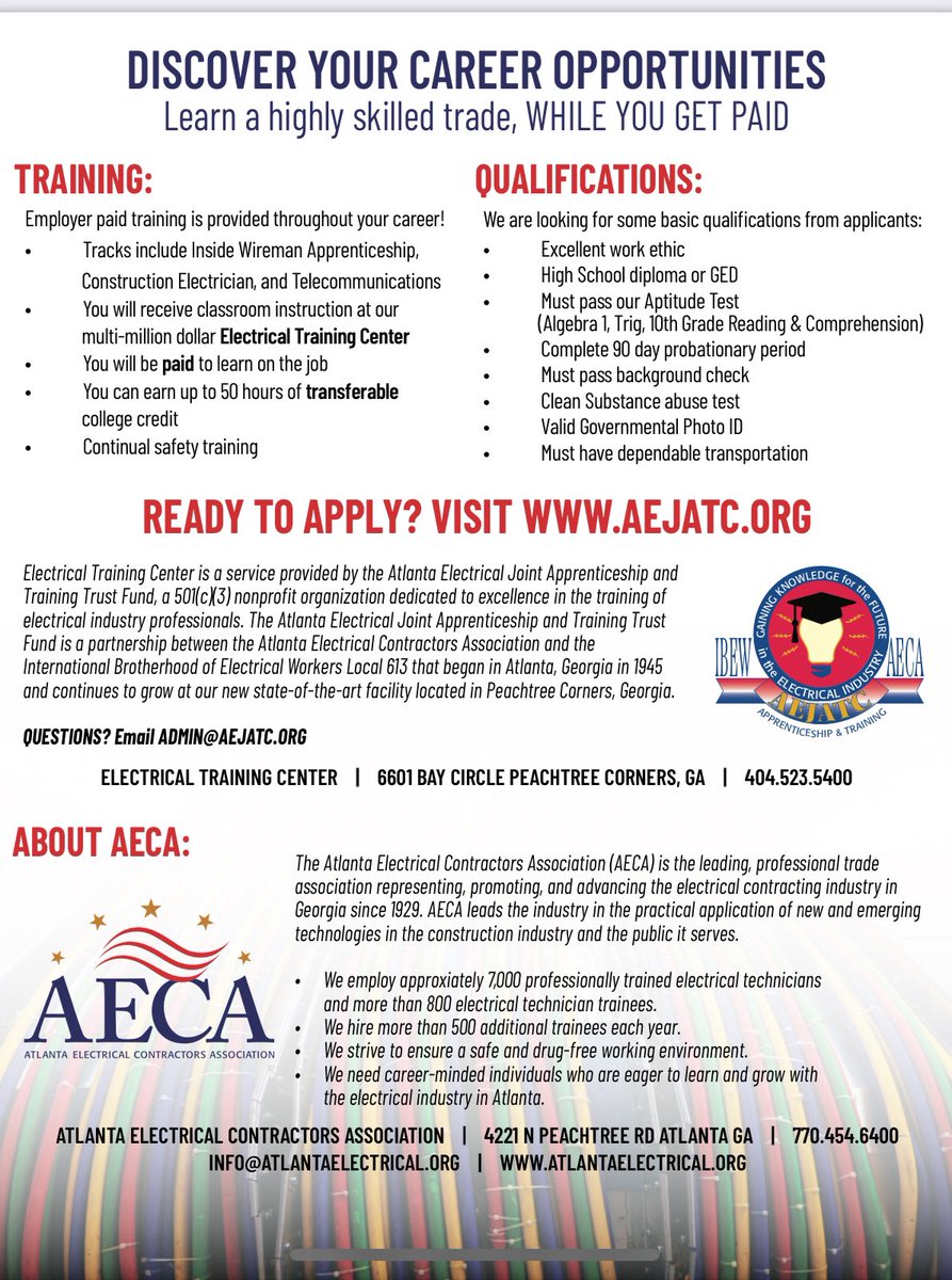@mahswbl (@mahs_wbl) on Twitter photo Students 📣 Checkout this great opportunity from <a href="/aeca_careers/">Atlanta Electrical Contractors Association</a>! Full time, paid work! Earn while you learn. Tuition free! <a href="/choosewalton/">Choose Walton</a> #mahswbl #wblworks #canesculture #choosewalton #georgiawbl1 #whywalton #ctaedelivers #choosewalton Students 📣 Checkout this great opportunity from <a href="/aeca_careers/">Atlanta Electrical Contractors Association</a>! Full time, paid work! Earn while you learn. Tuition free! <a href="/choosewalton/">Choose Walton</a> #mahswbl #wblworks #canesculture #choosewalton #georgiawbl1 #whywalton #ctaedelivers #choosewalton
