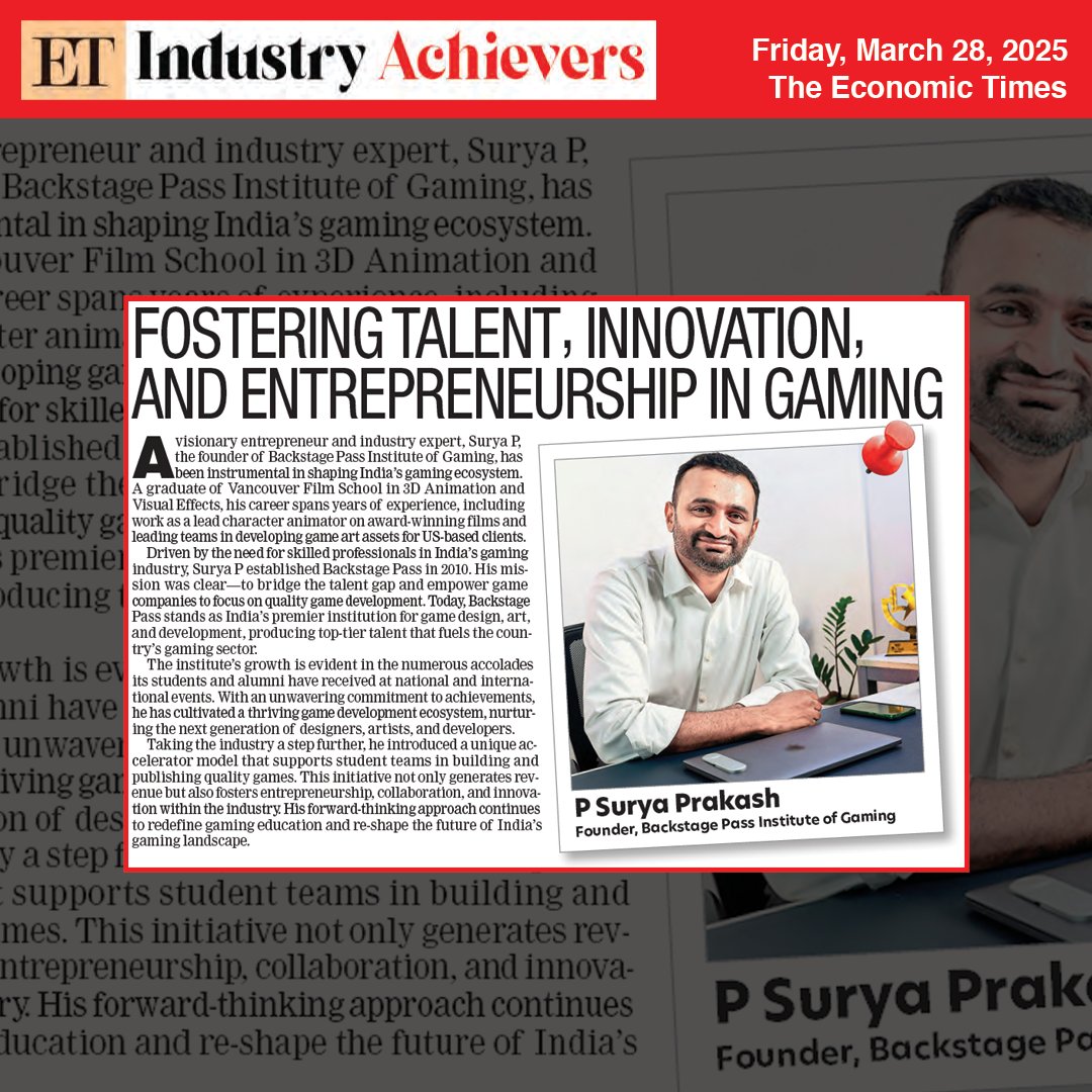 Fostering the future of gaming in India!
Meet <a href="/Surya/">suryakant</a> Prakash , a game-changer in the Indian gaming industry! Featured in The Economic Times  Industry Achiever Edition 2025, his work at Backstage Pass Institute is building the next generation of gaming professionals.  👏