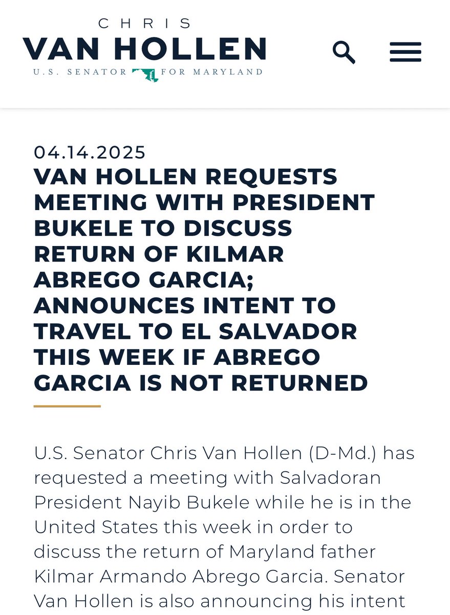 libsoftiktok's tweet photo. Senator Chris Van Hollen (D-MD) says he'll travel to El Salvador to fight for Kilmar Abrego Garcia's if he’s not back in the U.S. by midweek:

"If Kilmar is not home by midweek— I plan to travel to El Salvador this week to check on his condition and discuss his release”

Garcia is an MS-13 gang member. This is who Democrats are fighting for.