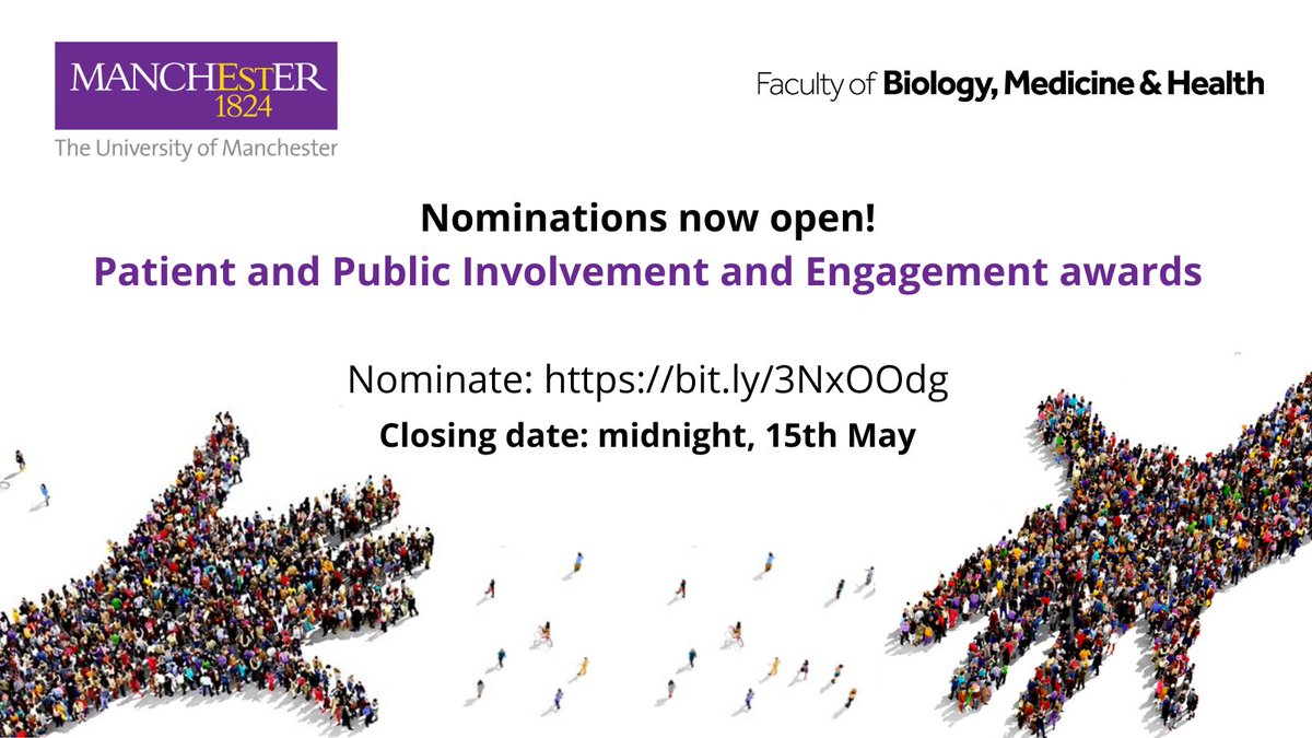FBMH Social Responsibility and Public Engagement (@fbmh_sr) on Twitter photo EXCITING ANNOUNCEMENT! This year’s <a href="/FBMH_UoM/">UoM Biology, Medicine and Health</a> 'Outstanding Contribution to Patient and Public Involvement and Engagement' Awards are now open for nominations. Open to staff, students and Public Contributors.
Deadline midnight, 15th May. Nominate here: bit.ly/3NxOOdg EXCITING ANNOUNCEMENT! This year’s <a href="/FBMH_UoM/">UoM Biology, Medicine and Health</a> 'Outstanding Contribution to Patient and Public Involvement and Engagement' Awards are now open for nominations. Open to staff, students and Public Contributors.
Deadline midnight, 15th May. Nominate here: bit.ly/3NxOOdg