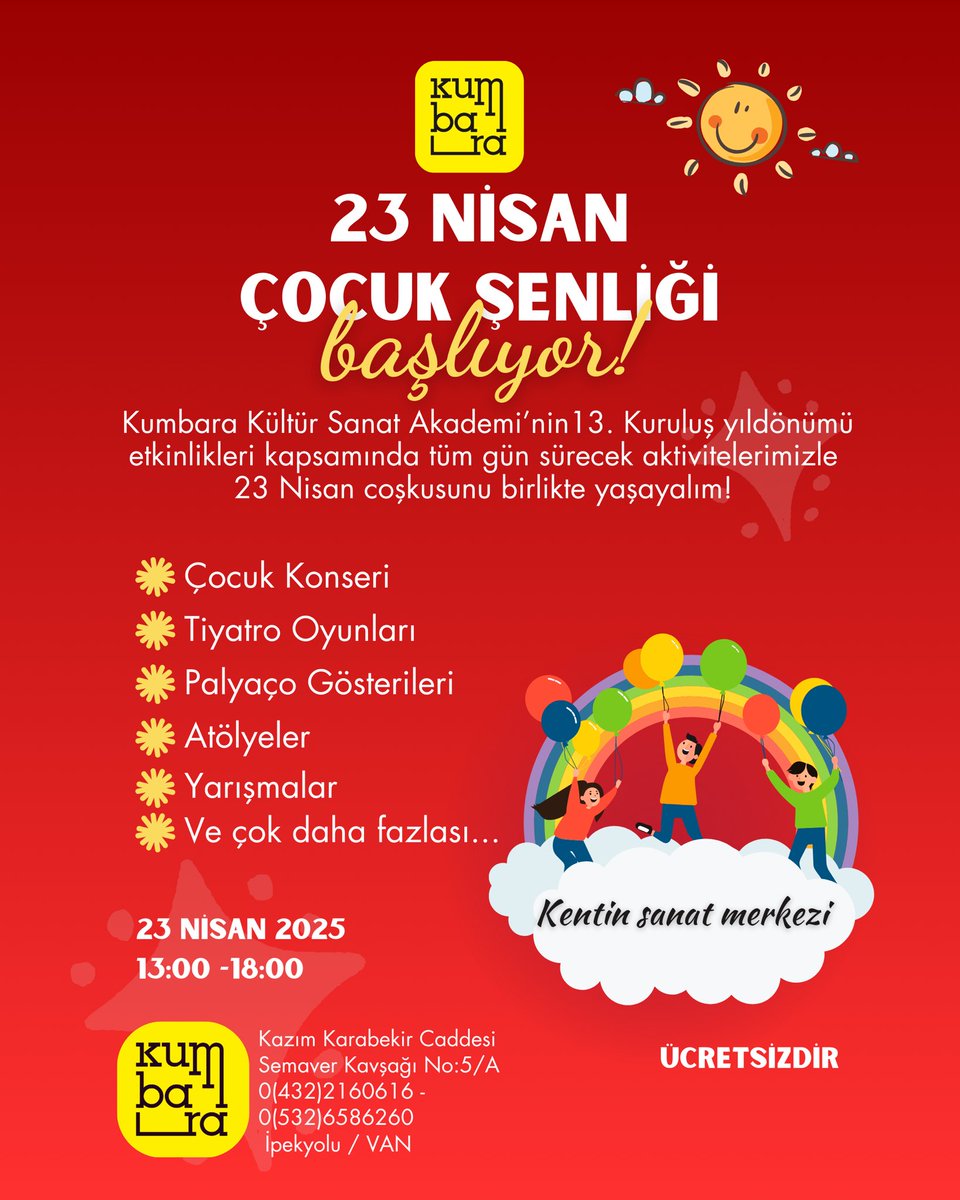 Kumbara Kültür Sanat Akademi’nin 13. Kuruluş yıldönümü kapsamında hem kurtuluşumuzu hemde 23 Nisan Çocuk Şenliğini bir arada kutluyoruz. Kentin tüm çocuklarını ile gün boyu sürecek aktivitelerle 23 Nisan coşkusunu ve kuruluşumuzun 13. Yılını coşkuyla kutluyoruz