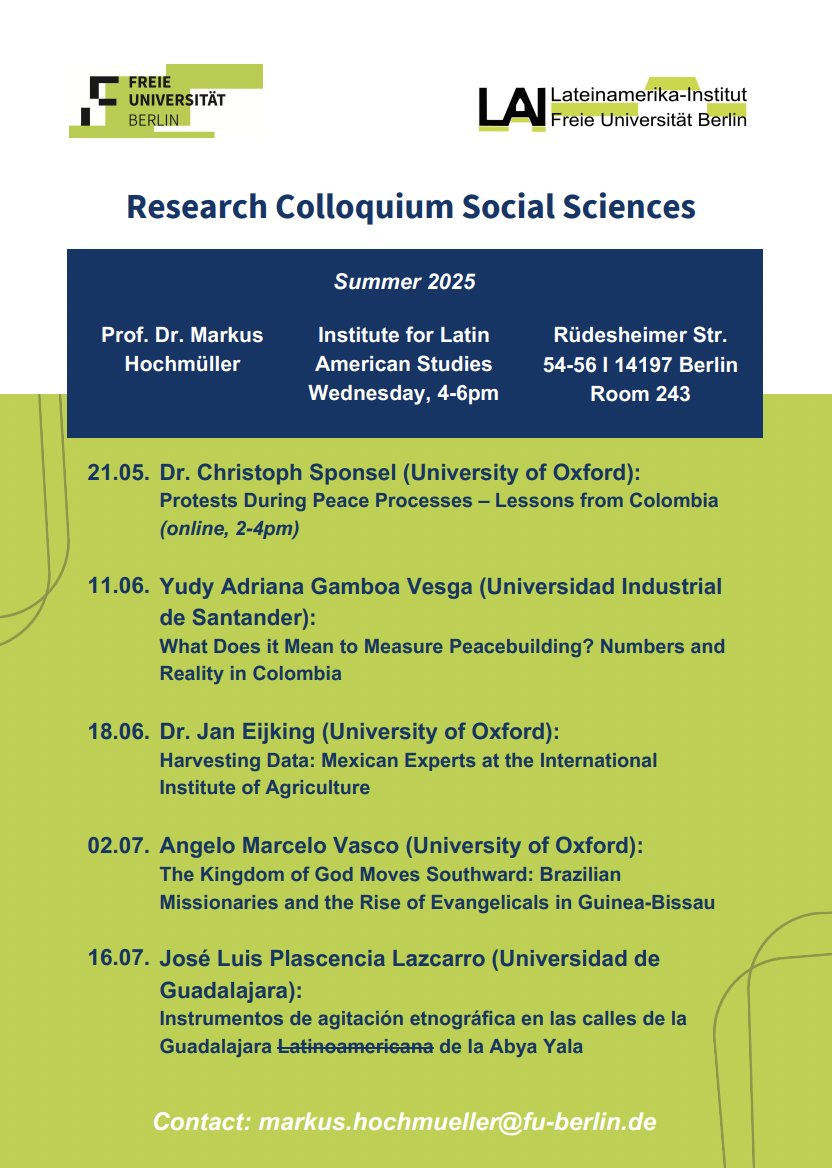 Markus Hochmüller (@mhochmueller) on Twitter photo Very excited to host 5 great scholars working on protests, peacebuilding, expertise, religion, and urban studies at my <a href="/FU_Berlin/">Freie Universität</a> social science colloquium this Summer. Looking forward to your talks Ch. Sponsel, Y. Gamboa, <a href="/Jan_Eijking/">Jan Eijking</a>, <a href="/angelomvasco/">Angelo Marcelo Vasco</a>, and J.L. Plascencia! Very excited to host 5 great scholars working on protests, peacebuilding, expertise, religion, and urban studies at my <a href="/FU_Berlin/">Freie Universität</a> social science colloquium this Summer. Looking forward to your talks Ch. Sponsel, Y. Gamboa, <a href="/Jan_Eijking/">Jan Eijking</a>, <a href="/angelomvasco/">Angelo Marcelo Vasco</a>, and J.L. Plascencia!