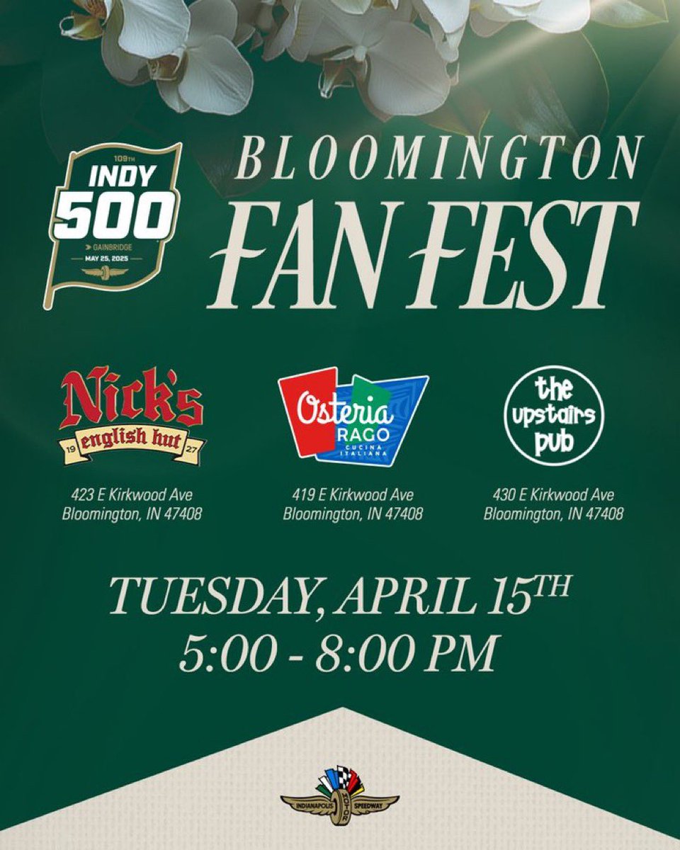 TODAY IN BLOOMINGTON‼️

Join IMS on Kirkwood today from 5-8:00 PM at <a href="/UpstairsPub_IU/">The Upstairs Pub</a>, <a href="/NicksEnglishHut/">Nick's English Hut</a> , and <a href="/OsteriaRago/">Osteria Rago</a> with an #Indy500 festival car, an #INDYCAR pit stop demo, the Borg-Warner Trophy, and more!