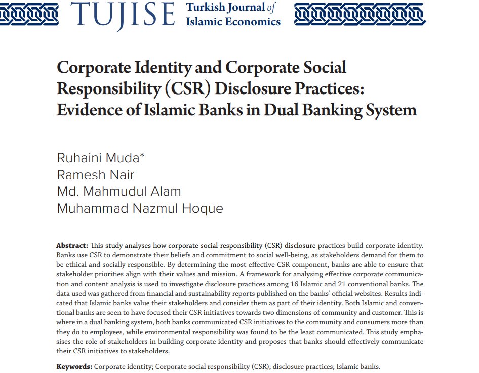 tujise's tweet photo. 🖊️The article entitled "Corporate Identity and Corporate Social Responsibility (CSR) Disclosure Practices: Evidence of Islamic Banks in Dual Banking System" by Ruhaini Muda, Ramesh Nair, Md. Mahmudul Alam and Muhammad Nazmul Hoque published in TUJISE, 12/1.

Read the full article: https://t.co/9jzMsQY4zE