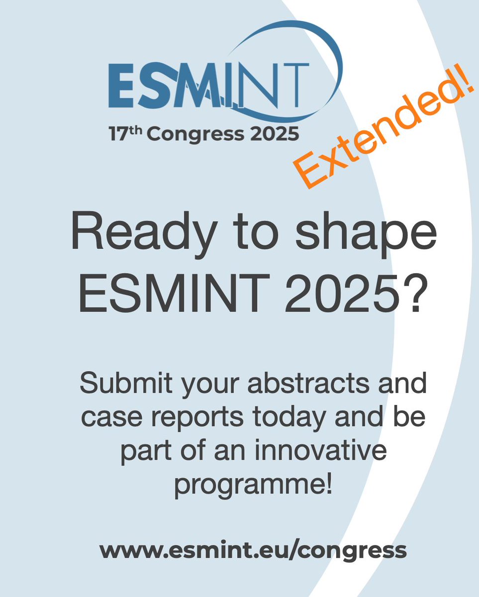 ESMINT Society (@esmintsociety) on Twitter photo ⏳ Extra time = extra chance! The #ESMINT2025 deadline is extended to 28 April. Now’s your moment to join the conversation in Marseille 👉 buff.ly/yKYJCuK <a href="/Aggour/">Mohamed Aggour</a> <a href="/GuenegoAdrien/">The French Brain Doctor</a> <a href="/VladimirKZagreb/">Vladimir Kalousek</a> <a href="/anna_kyselyova/">Anna Kyselyova</a> <a href="/Roland_K_Schwab/">Roland Schwab</a> <a href="/JanHendrikBuhk/">Jan-Hendrik Buhk</a> <a href="/MPeyT1/">Marios Psychogios</a> <a href="/ZelenakKamil/">Kamil Zeleňák</a> ⏳ Extra time = extra chance! The #ESMINT2025 deadline is extended to 28 April. Now’s your moment to join the conversation in Marseille 👉 buff.ly/yKYJCuK <a href="/Aggour/">Mohamed Aggour</a> <a href="/GuenegoAdrien/">The French Brain Doctor</a> <a href="/VladimirKZagreb/">Vladimir Kalousek</a> <a href="/anna_kyselyova/">Anna Kyselyova</a> <a href="/Roland_K_Schwab/">Roland Schwab</a> <a href="/JanHendrikBuhk/">Jan-Hendrik Buhk</a> <a href="/MPeyT1/">Marios Psychogios</a> <a href="/ZelenakKamil/">Kamil Zeleňák</a>