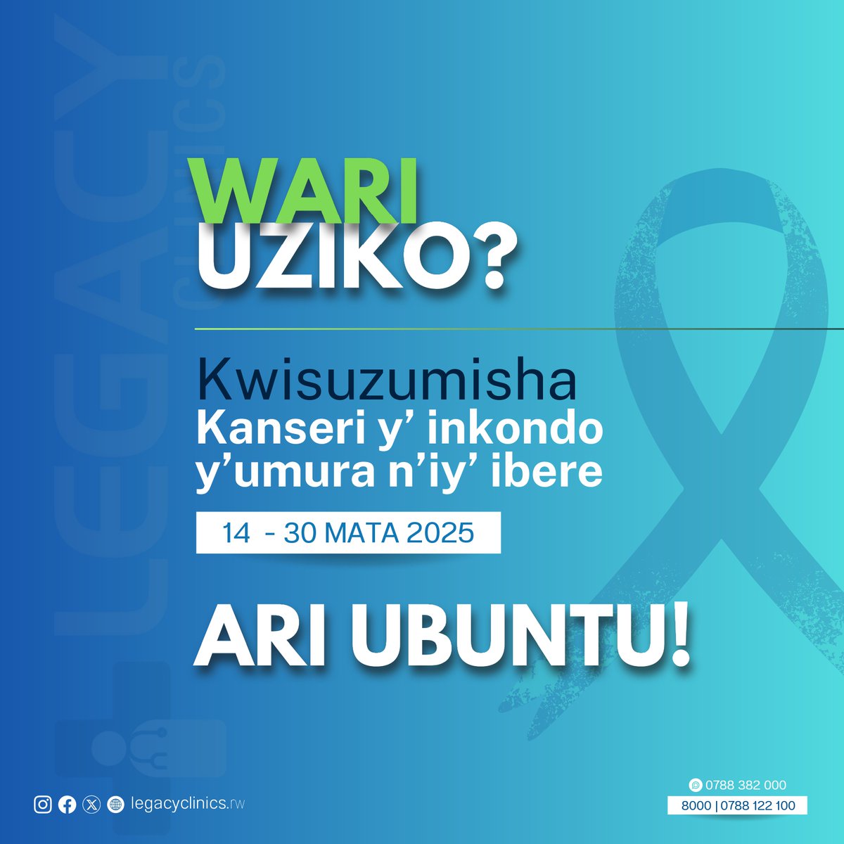 LEGACY CLINICS (@legacyclinics) on Twitter photo Nk’uko mwabimenyeshejwe, mu rwego rwo kurwanya kanseri y’inkondo y’umura n’iy’ibere, turabibutsa ko mu bufatanye na <a href="/RBCRwanda/">Rwanda Biomedical Centre</a>, <a href="/RwandaHealth/">Ministry of Health | Rwanda</a> , serivisi zo kwisuzumisha zitangwa ku buntu. Tera intambwe wite ku buzima bwawe uyu munsi! Nk’uko mwabimenyeshejwe, mu rwego rwo kurwanya kanseri y’inkondo y’umura n’iy’ibere, turabibutsa ko mu bufatanye na <a href="/RBCRwanda/">Rwanda Biomedical Centre</a>, <a href="/RwandaHealth/">Ministry of Health | Rwanda</a> , serivisi zo kwisuzumisha zitangwa ku buntu. Tera intambwe wite ku buzima bwawe uyu munsi!