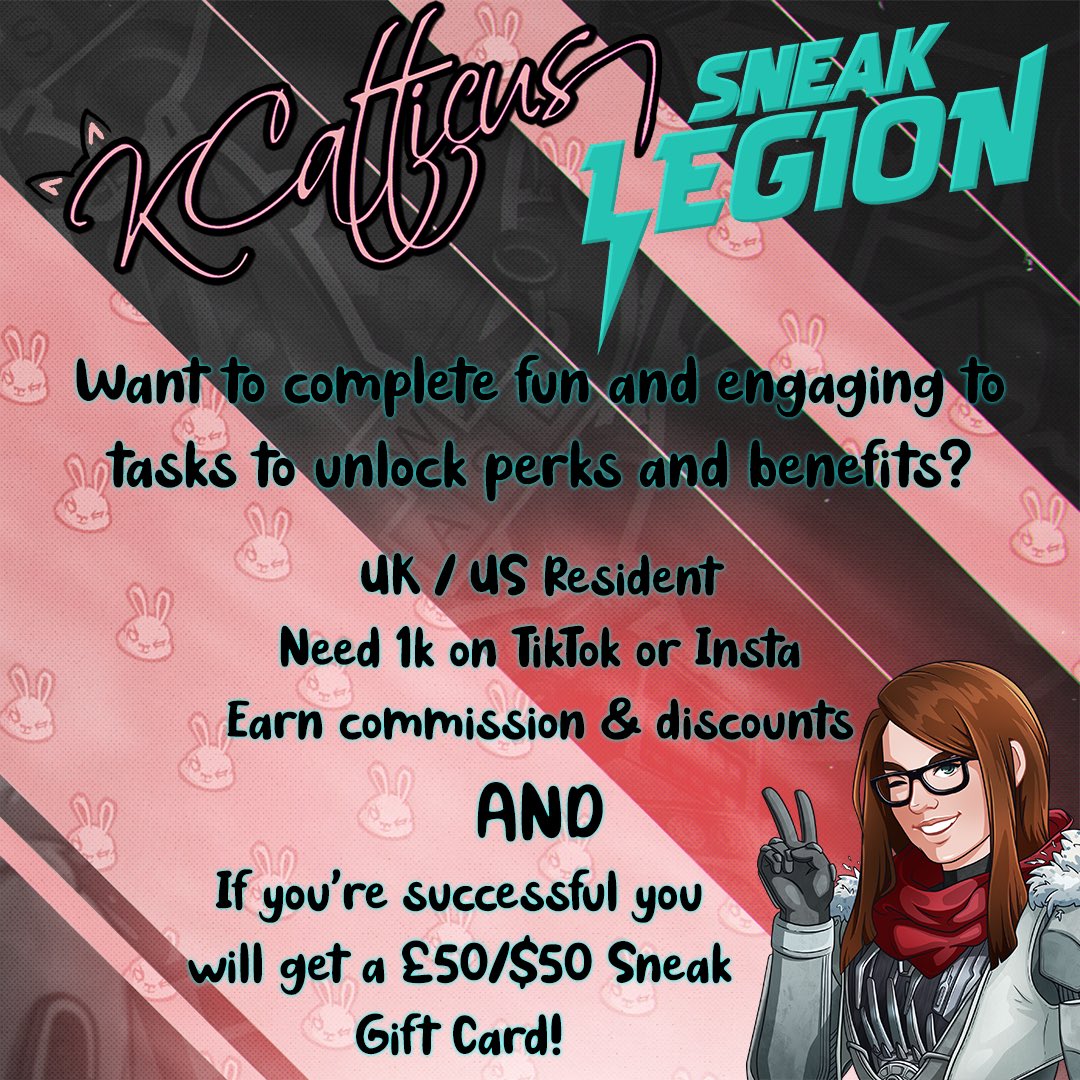 . <a href="/SneakEnergy/">SNEAK</a> Legion Affiliate Program - NOW ACCEPTING TWITCH STREAMERS!

If you:
🐰 Have over 15 average viewers
🐰 Want to earn commission

Also open to those with 1k followers on Insta or TikTok!

Head over to our Legion application form NOW: 

affiliates.sneakenergy.com/i/kcatticus