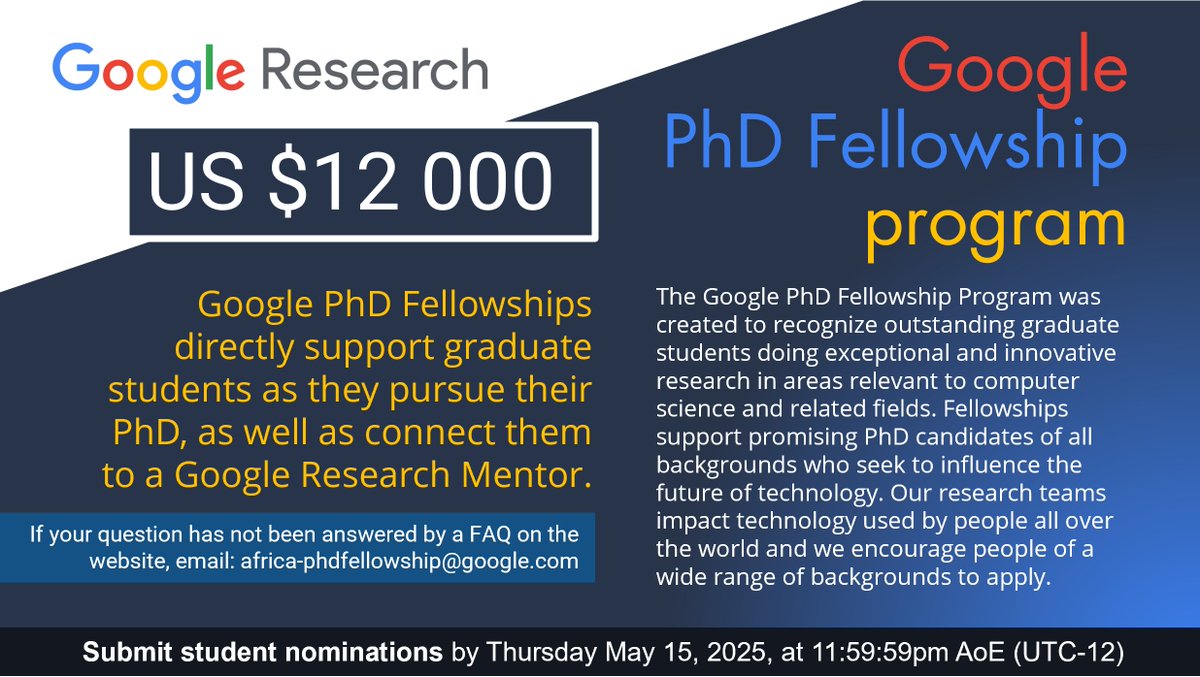UCTpostgrads's tweet image. Google PhD fellowship program: If you&apos;re interested, PhD students MUST be nominated by their university. Applications should be submitted by an official representative of the university during the application window. More info: research.google/programs-and-e… | @GoogleAI