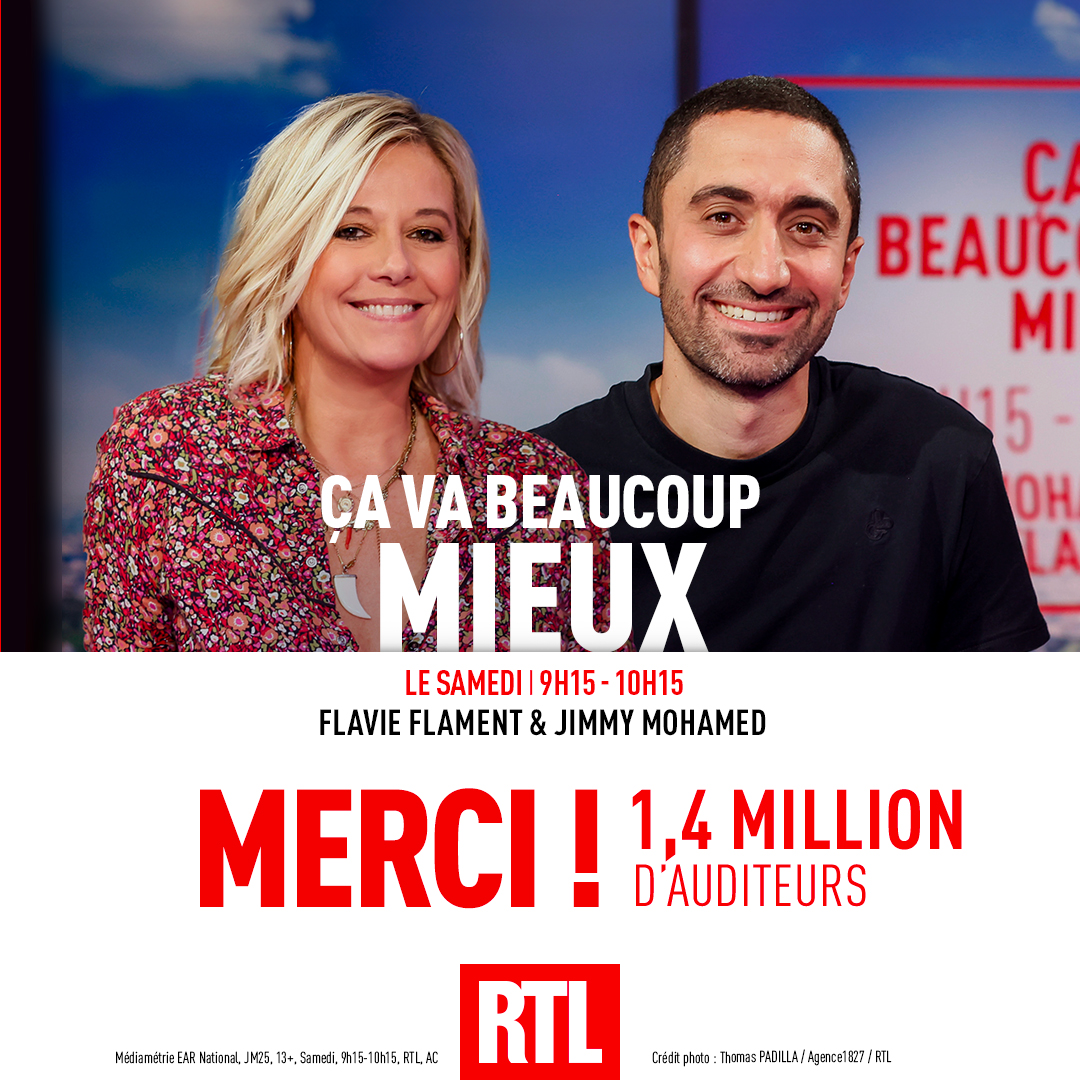 RTL Pro : RTL - RTL2 - FUN RADIO (@rtl_presse) on Twitter photo 🔴 #AudiencesRadio MERCI !
🩺 Tous les samedis matins, 1,4 million d’auditeurs vont beaucoup mieux grâce à #FlavieFlament et <a href="/Dr_moji/">Dr Jimmy Mohamed</a>
#Radio #Médiamétrie 🔴 #AudiencesRadio MERCI !
🩺 Tous les samedis matins, 1,4 million d’auditeurs vont beaucoup mieux grâce à #FlavieFlament et <a href="/Dr_moji/">Dr Jimmy Mohamed</a>
#Radio #Médiamétrie