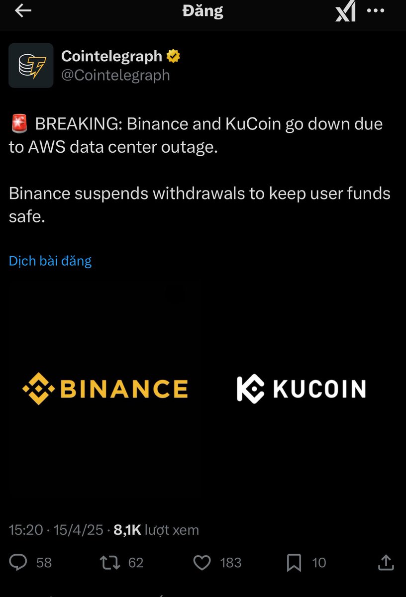 Steven_Research's tweet photo. Binance và KuCoin ngừng hoạt động do trung tâm dữ liệu AWS gặp sự cố.

Binance tạm dừng rút tiền để đảm bảo an toàn cho tiền của người dùng. https://t.co/5i92kFBqxh