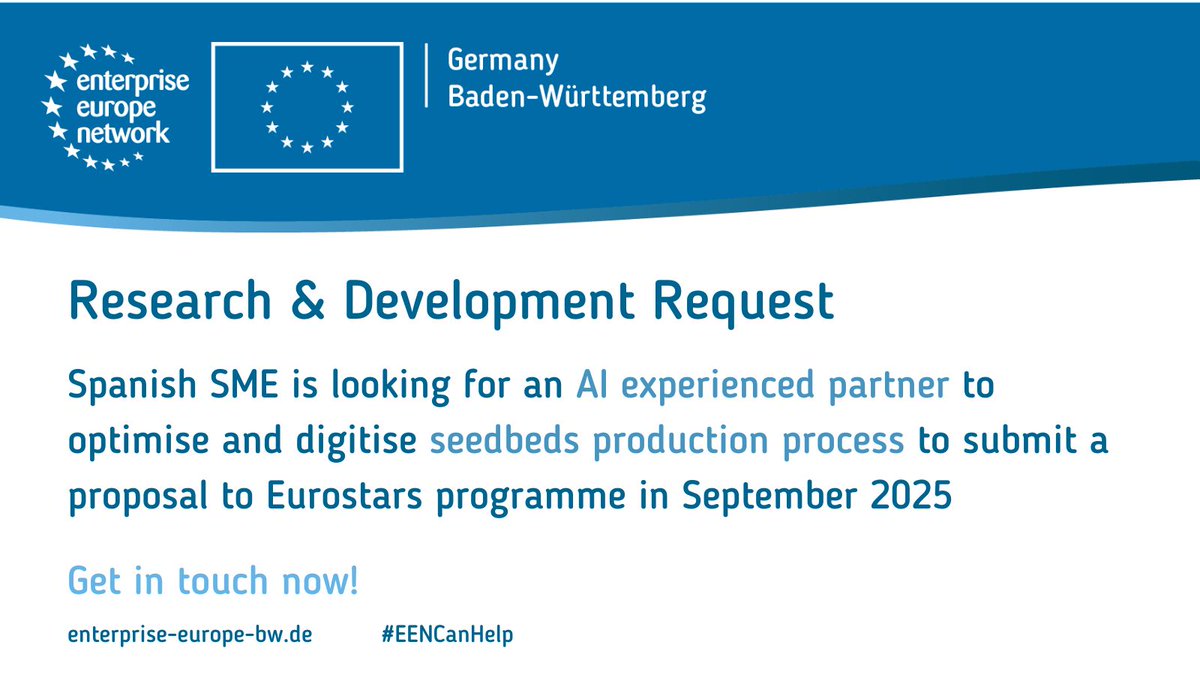 A Spanish 🇪🇸 company is looking for a partner that can offer technological expertise in the form of AI-driven solutions, RFID technology and automated systems for agricultural applications.💻

Get in touch ➡ t1p.de/AI-Seedbeds
#EENCanhelp #EEN_Deutschland