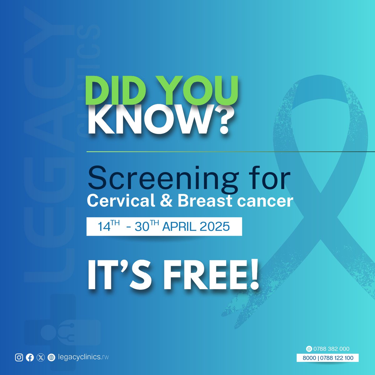 LEGACY CLINICS (@legacyclinics) on Twitter photo As previously communicated, in the effort to fight cervical and breast cancer, we remind you that, in partnership with <a href="/RBCRwanda/">Rwanda Biomedical Centre</a> & <a href="/RwandaHealth/">Ministry of Health | Rwanda</a> , screening services are offered free of charge. Take a step towards your health today! As previously communicated, in the effort to fight cervical and breast cancer, we remind you that, in partnership with <a href="/RBCRwanda/">Rwanda Biomedical Centre</a> & <a href="/RwandaHealth/">Ministry of Health | Rwanda</a> , screening services are offered free of charge. Take a step towards your health today!