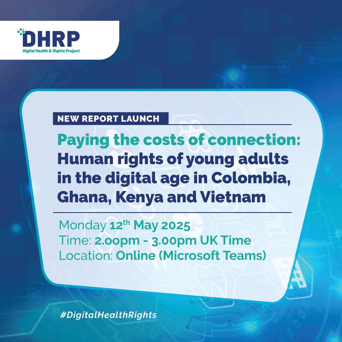 Digital Health and Rights Project (@dighealthrights) on Twitter photo 🚨 Launch Alert!
Please join the launch of major new research report investigating human rights and health rights of young adults living with and affected by HIV in the digital age in Colombia, Ghana, Kenya, and Vietnam, by the <a href="/DigHealthRights/">Digital Health and Rights Project</a>.
Save the date 👇 🚨 Launch Alert!
Please join the launch of major new research report investigating human rights and health rights of young adults living with and affected by HIV in the digital age in Colombia, Ghana, Kenya, and Vietnam, by the <a href="/DigHealthRights/">Digital Health and Rights Project</a>.
Save the date 👇