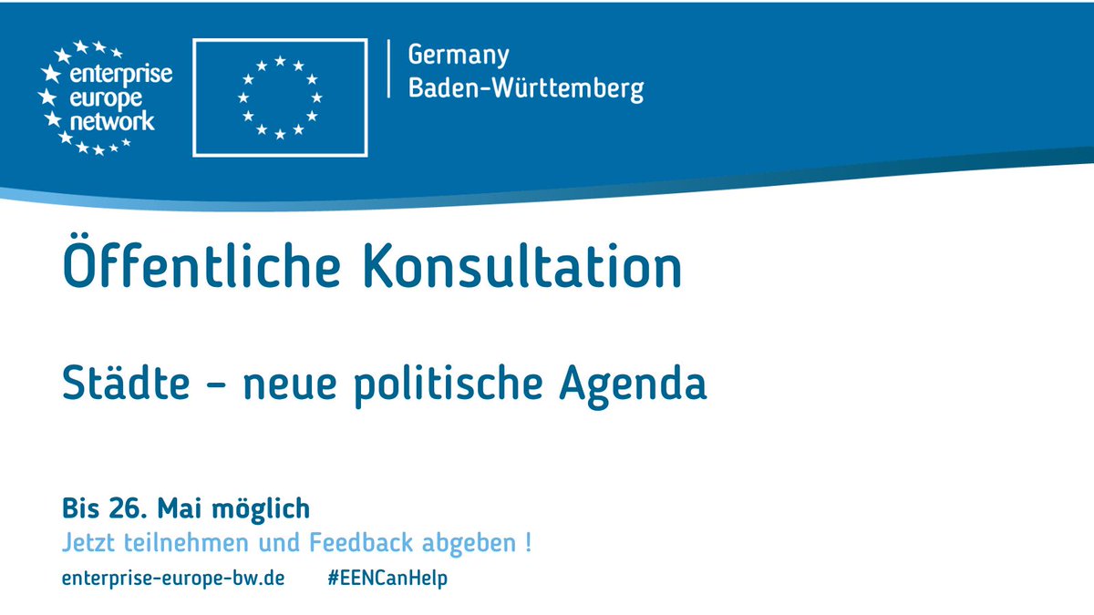 Eine neue 🇪🇺 EU-Agenda soll die EU-Städtepolitik verstärken und in der künftige Politikgestaltung der EU integrieren. 
Nehmen Sie bis zum 📅 26. Juni an der öffentlichen Konsultation teil!

Get in touch ➡ bab.si/o6wk
#EENCanhelp #EEN_Deutschland