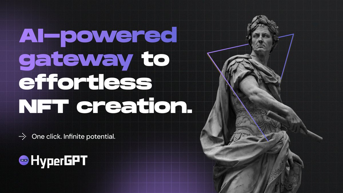 🧵 1/ Introducing HyperNFT — the AI-powered gateway to effortless NFT creation.

No more technical barriers, no more complex processes. Just create, mint, and share your AI-generated NFTs with a single click. Here's how 👇

#NFTs #Web3 #AI #HyperGPT

2/ AI-Generated Content 🔮