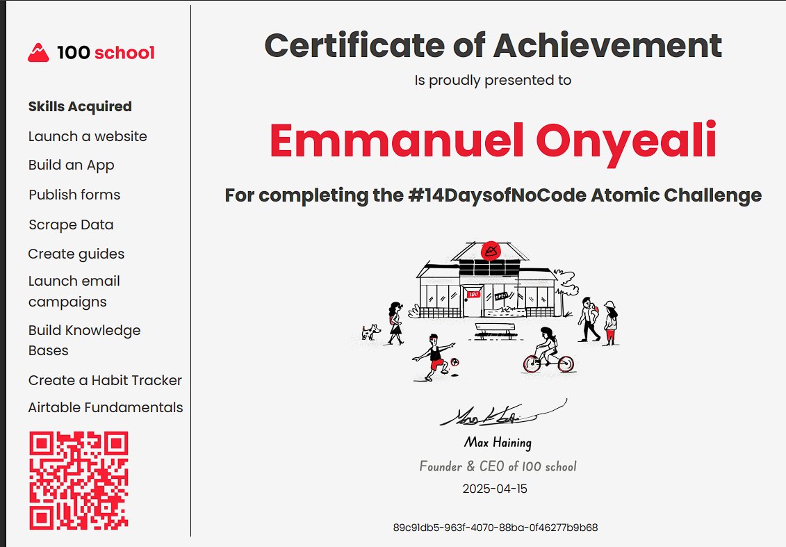 ChimezieOnyeali's tweet image. #14DaysofNoCode 
14 days, 14 skills! Just wrapped the @100School Atomic Challenge. Built apps, websites, automation, and more. Feeling empowered &amp;amp; ready to deliver real value. Tech skills are just the start it&apos;s all about creating impact now. #NoCode #SkillStack