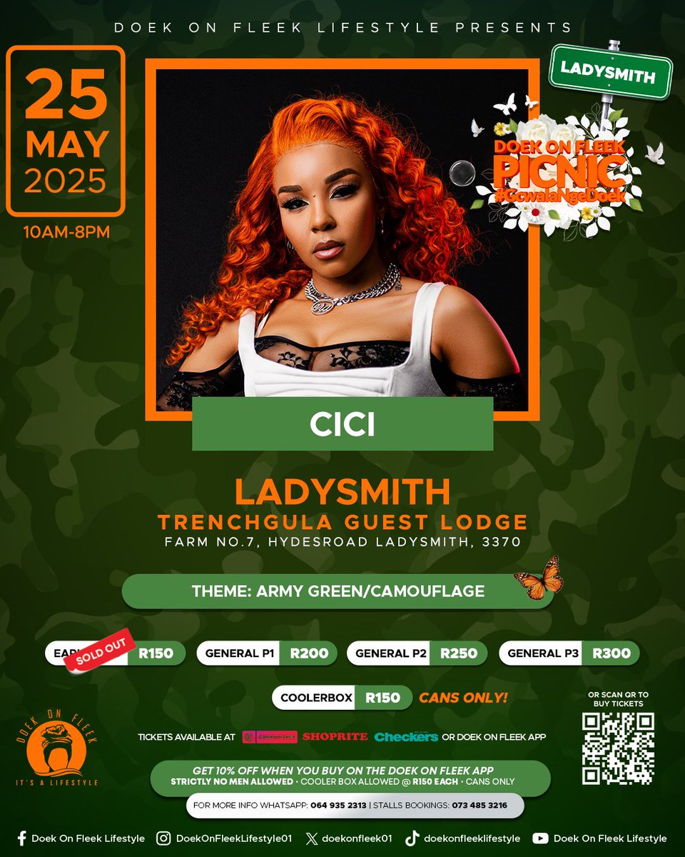 doekonfleek01's tweet photo. Hey Ladysmith!
See you Sunday 25 May 2025 in your Army Green / Camouflage theme
🎟️ Doek On Fleek App:
https://t.co/2fZLgcwKVQ
🎟️Computicket :
https://t.co/6816E82x6x
For more info 0649352313
#doekonfleek
#doekonfleekladysmith
#CIEMA https://t.co/wcCw7geCly
