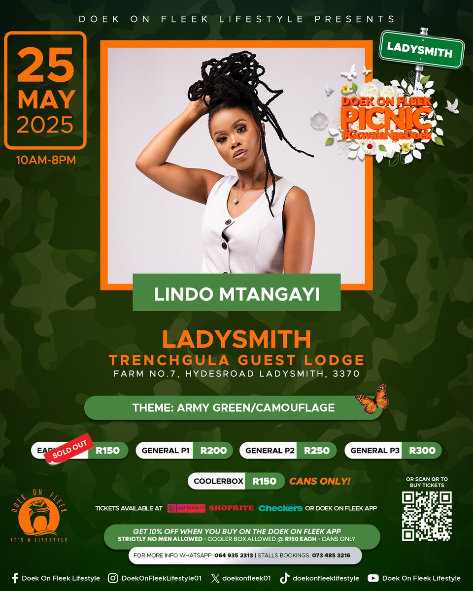 doekonfleek01's tweet photo. Hey Ladysmith!
See you Sunday 25 May 2025 in your Army Green / Camouflage theme
🎟️ Doek On Fleek App:
https://t.co/2fZLgcwKVQ
🎟️Computicket :
https://t.co/6816E82x6x
For more info 0649352313
#doekonfleek
#doekonfleekladysmith
#CIEMA https://t.co/wcCw7geCly