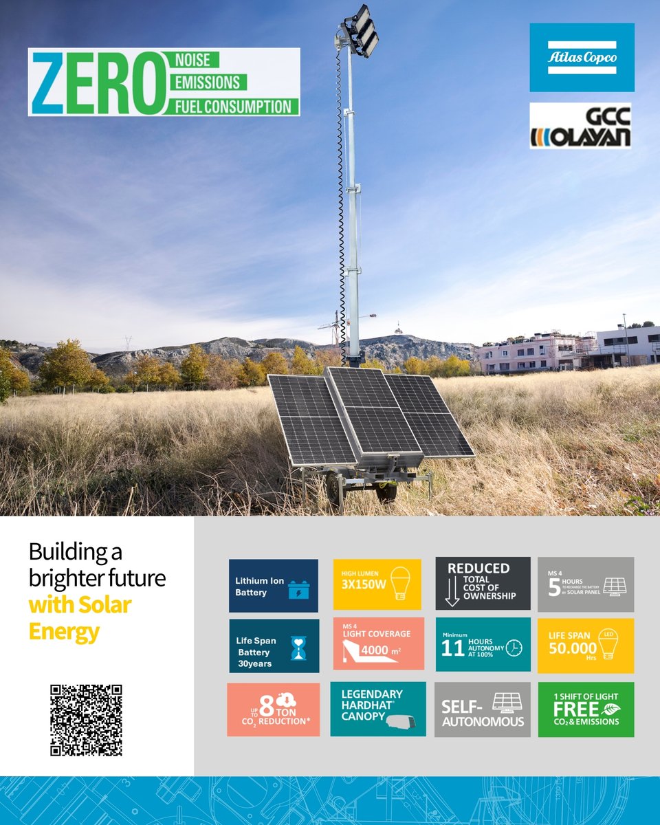 GCC_Olayan's tweet image. Zero Fuel. Zero Emissions. Zero Noise.
Introducing the Atlas Copco MS4 Solar Light Tower — a game-changer for sustainable operations across Saudi Arabia.
Proudly offered by GCC Olayan, supporting Vision 2030 with clean and efficient solutions.
#AtlasCopco #SaudiProjects