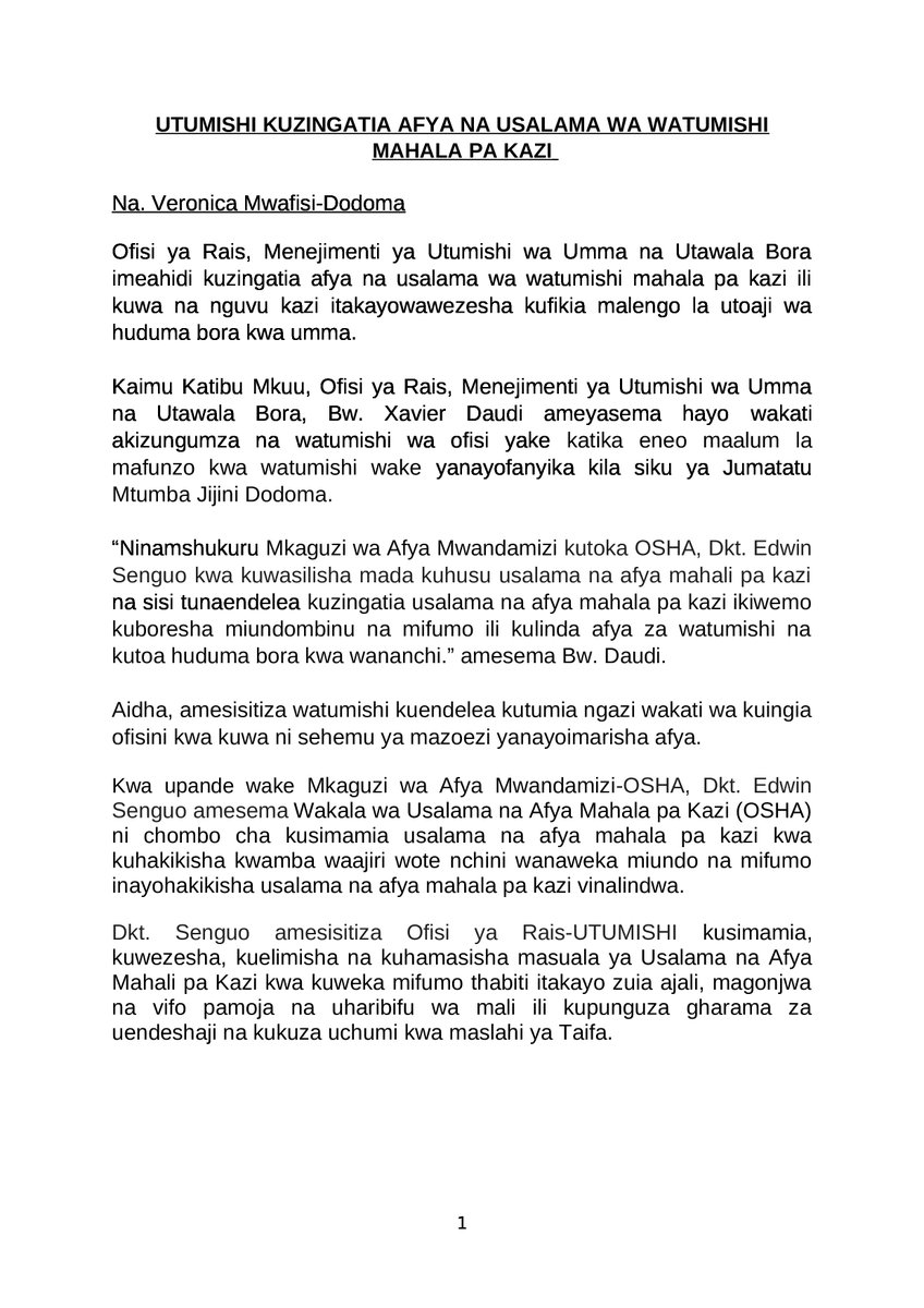 UTUMISHI KUZINGATIA AFYA NA USALAMA WA WATUMISHI MAHALA PA KAZI