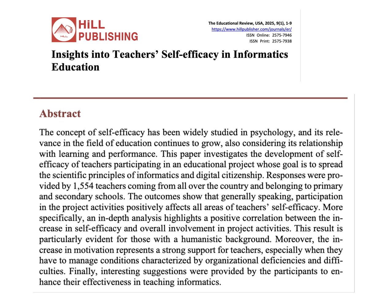 Isabella Corradini (@isabcor) on Twitter photo What about teachers' self-efficacy in #informatics #education? In this paper, written with <a href="/enriconardelli/">Enrico Nardelli</a>, we present the outcome of our study involving teachers of <a href="/ProgrammaFuturo/">Programma_il_Futuro</a> Project in Italian schools hillpublisher.com/ArticleDetails… What about teachers' self-efficacy in #informatics #education? In this paper, written with <a href="/enriconardelli/">Enrico Nardelli</a>, we present the outcome of our study involving teachers of <a href="/ProgrammaFuturo/">Programma_il_Futuro</a> Project in Italian schools hillpublisher.com/ArticleDetails…