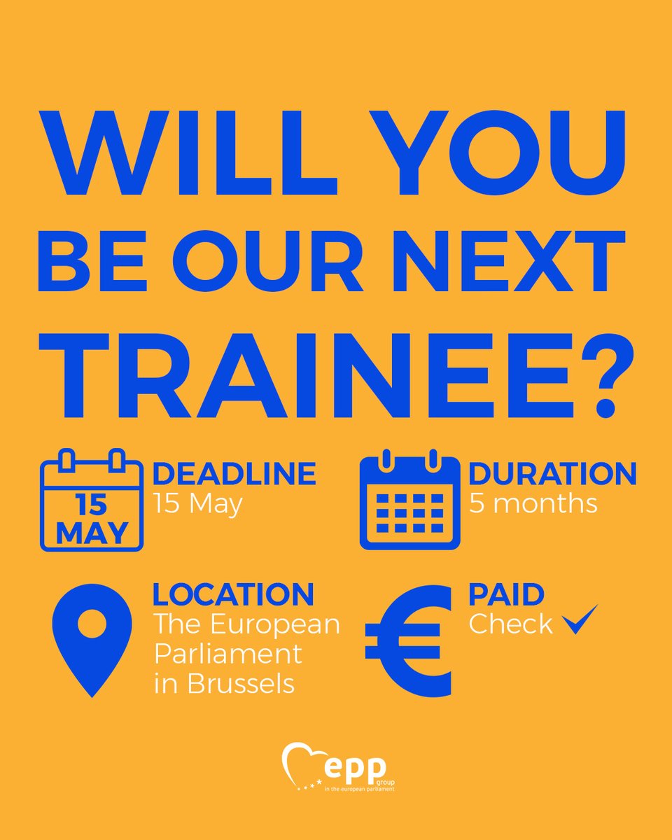 📣Kick-start your career with hands-on work experience at the heart of the EU Institutions!

✅Become an EPP Group trainee!
📆Deadline: 15 May
‼️Apply now!

📌 epp.group/traineeships

#internships #traineeships #EPP4Youth