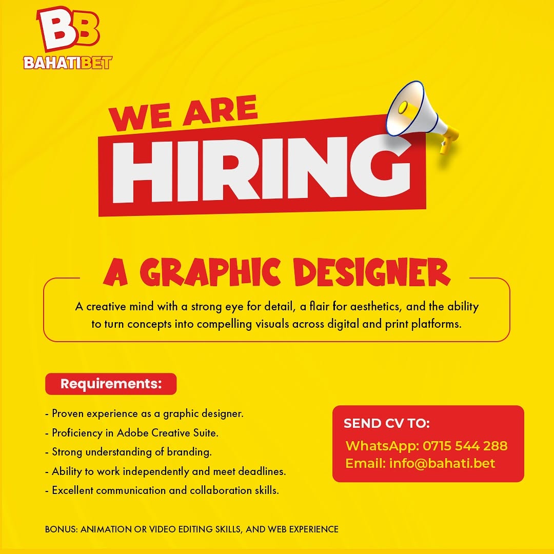 Good News… We are Adding 2 More Graphic Designers to Our Team… Send Your CV’s Now and Join Kenya’s Fastest Growing Company @Bahati.Bet
🔥 Hii Ni Yetu!!!
