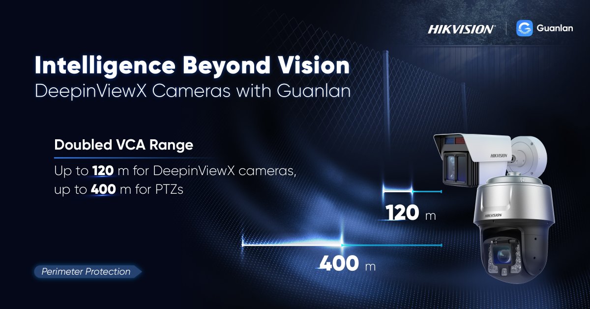 HikvisionHQ's tweet image. 🌟 Meet the new Hikvision DeepinViewX cameras with Guanlan! With an incredible doubled VCA range, these cameras can reach up to 120m 🚀 and the PTZs a whopping 400m! Perfect for enhanced security and peace of mind. 📸👁️ #Hikvision #PerimeterProtection #Guanlan #LargeScaleAIModels
