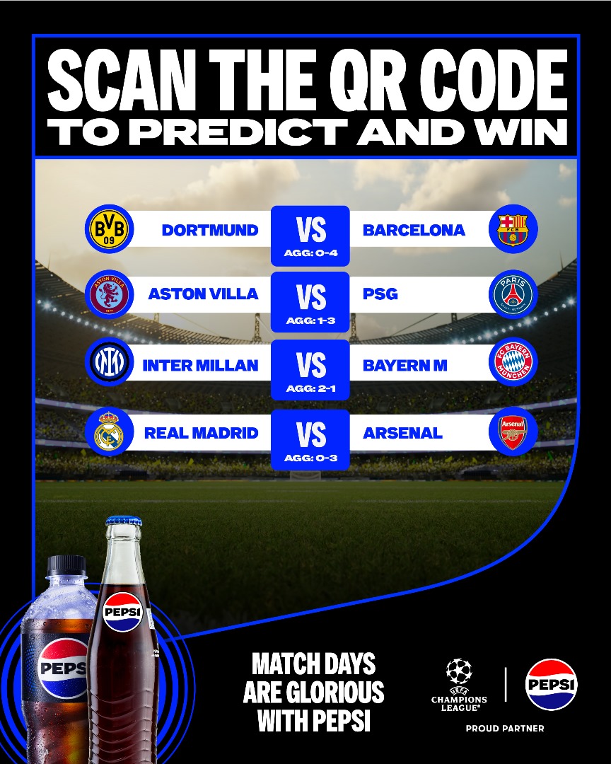 thekingsmanUG's tweet photo. Join the rest of the world in predicting UCL 2nd leg
Grab a Pepsi, scan the code, and predict via the #ThirstyPortal
#ThirstyForMore || #Pespi https://t.co/wWpnyPUzXt