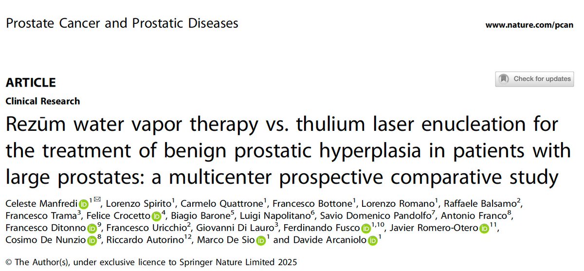 Celeste Manfredi (@manfrediceleste) on Twitter photo 📢 New study in <a href="/pcan_journal/">Prostate Cancer and Prostatic Diseases</a>
🥇First-ever head-to-head comparison:
Rezūm vs. ThuLEP for BPH ≥80 mL
📈 ThuLEP: better Qmax and IPSS, but MCID for IPSS not reached
💦 Rezūm: better ejaculation rate, but more postoperative transient dysuria
🔗tinyurl.com/2ea6s7xw 📢 New study in <a href="/pcan_journal/">Prostate Cancer and Prostatic Diseases</a>
🥇First-ever head-to-head comparison:
Rezūm vs. ThuLEP for BPH ≥80 mL
📈 ThuLEP: better Qmax and IPSS, but MCID for IPSS not reached
💦 Rezūm: better ejaculation rate, but more postoperative transient dysuria
🔗tinyurl.com/2ea6s7xw